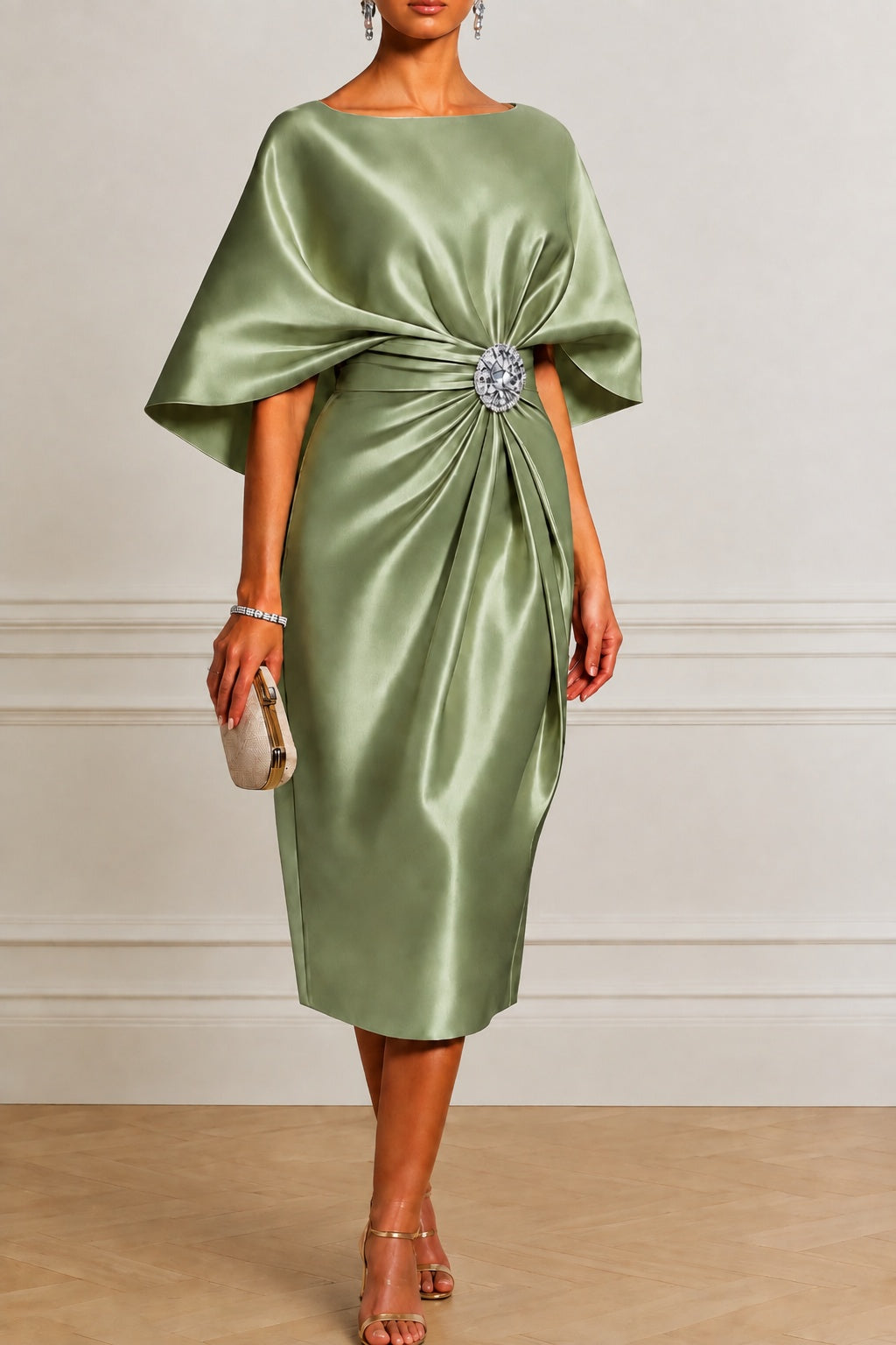 Sheath -Column Tea Length Satin Wedding Guest Dress CG0363