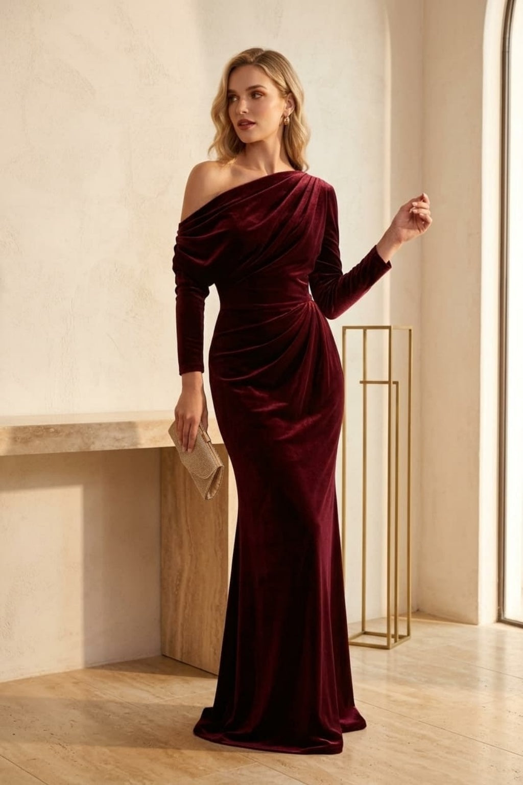 Trumpet-Mermaid Floor Length Velvet Wedding Guest Dress CG0365