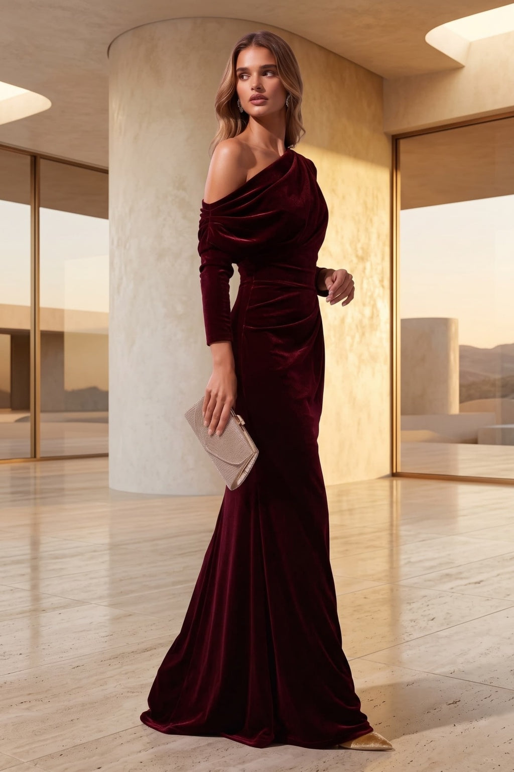 Trumpet-Mermaid Floor Length Velvet Wedding Guest Dress CG0365
