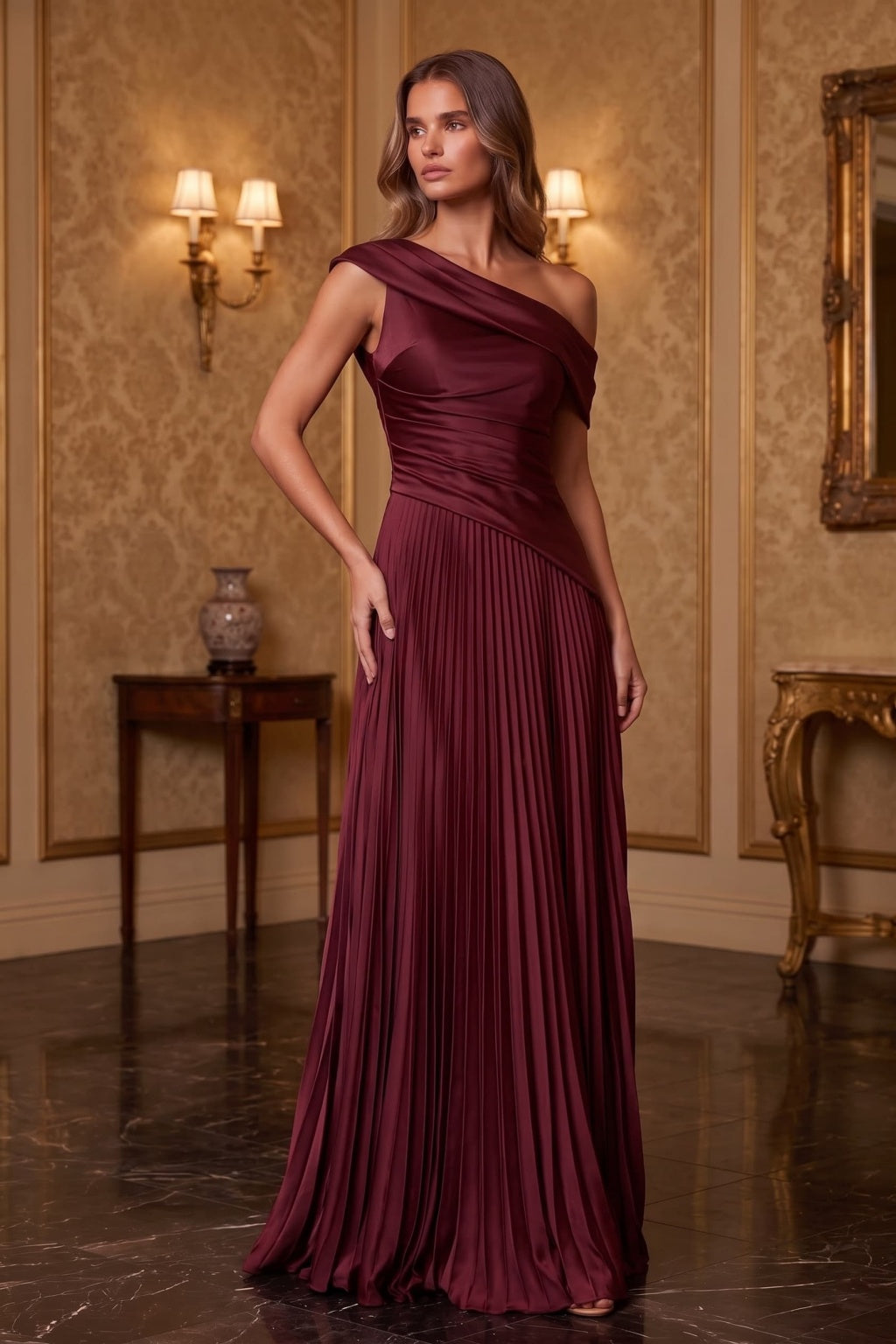 A-Line Floor Length Chiffon Acetate Satin Wedding Guest Dress CG0366