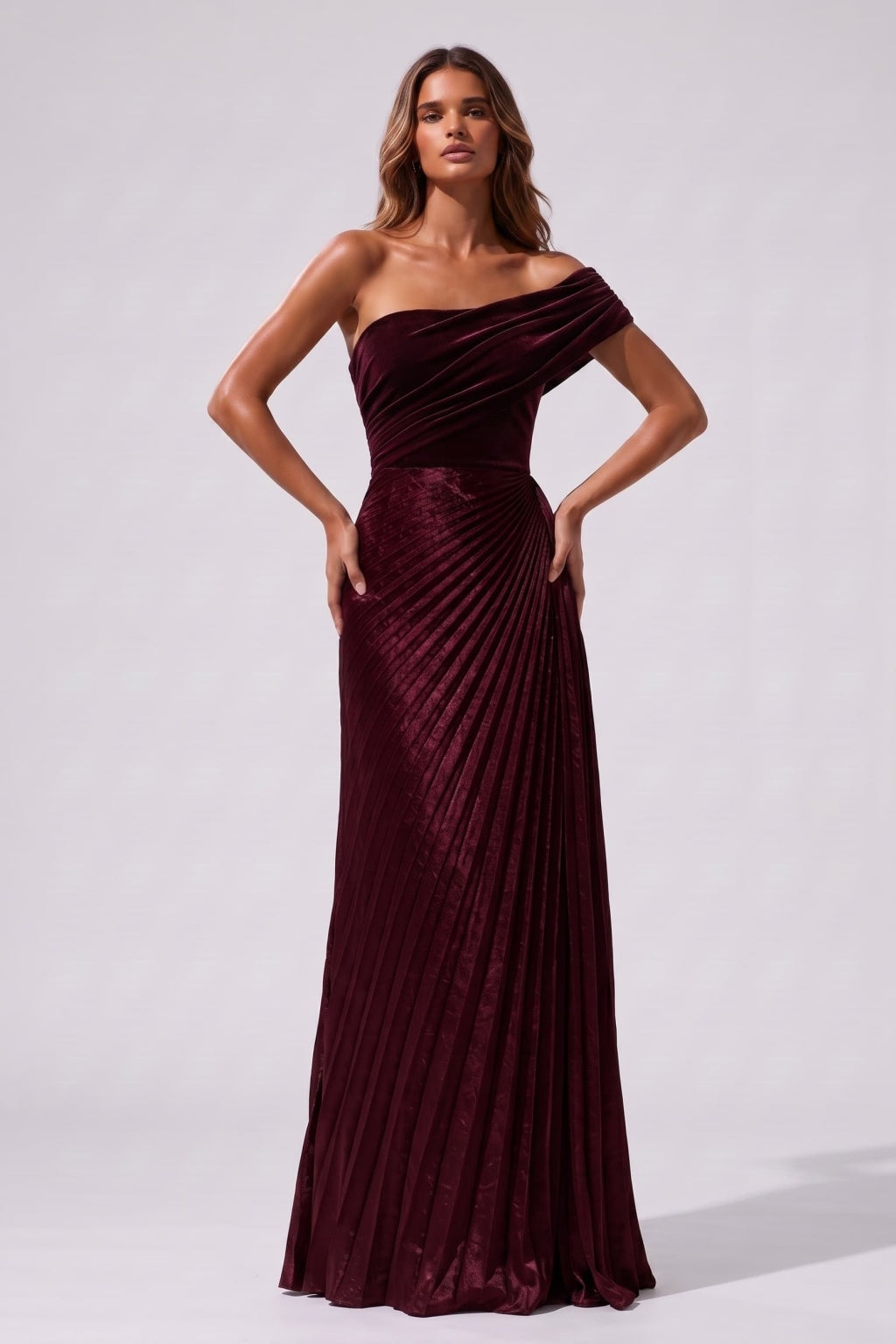 Sheath-Column Floor Length Velvet Metallic Wedding Guest Dress CG0367 - Wine - COCOMELODY