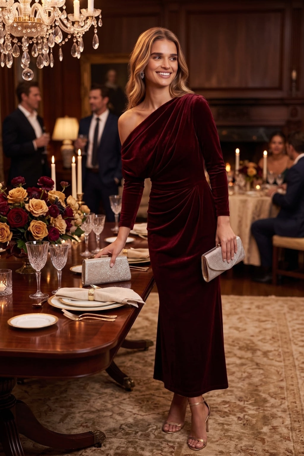 Sheath-Column Ankle Length Velvet Wedding Guest Dress CG0368