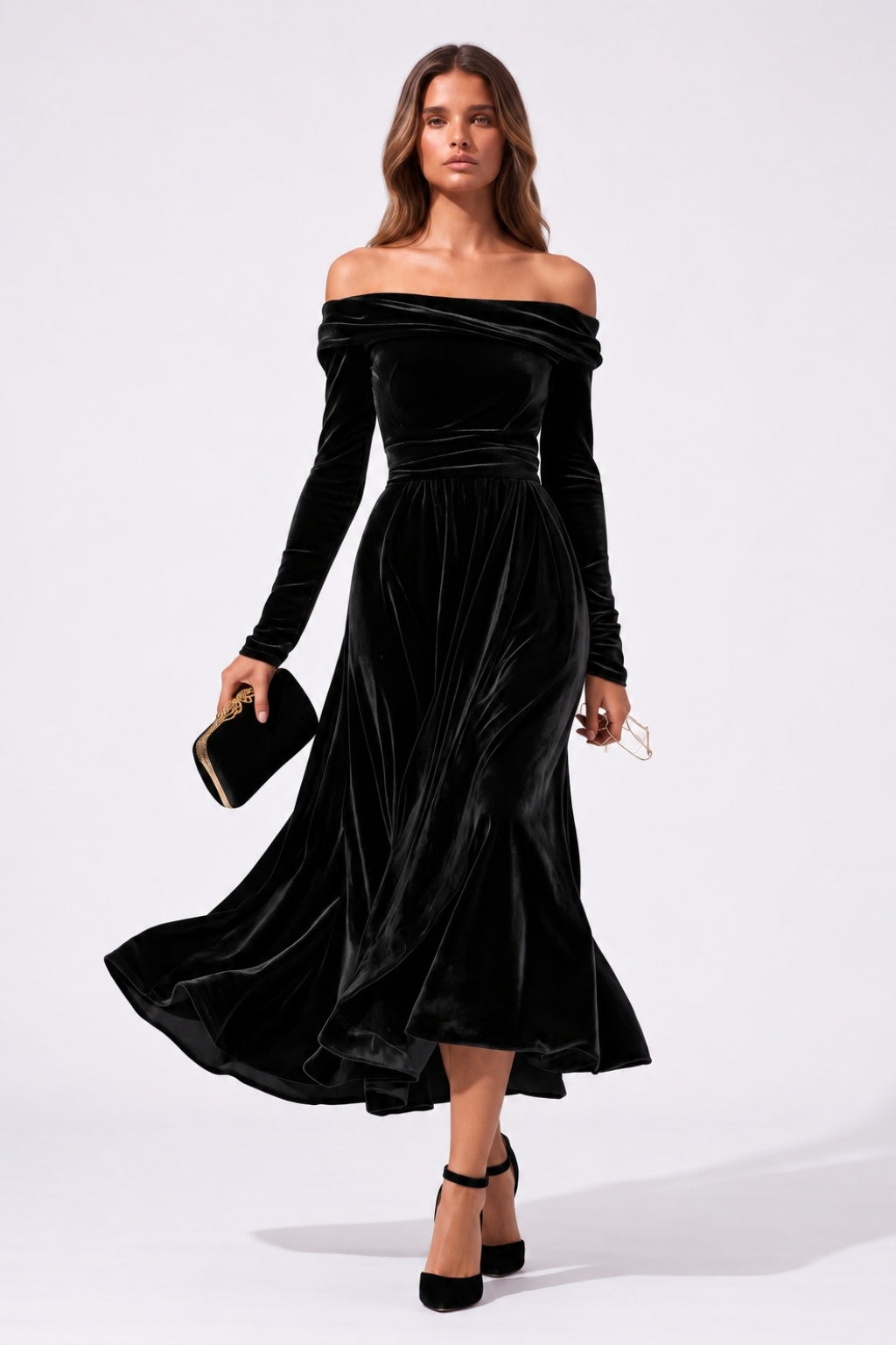 A-Line Tea Length Velvet Wedding Guest Dress CG0371