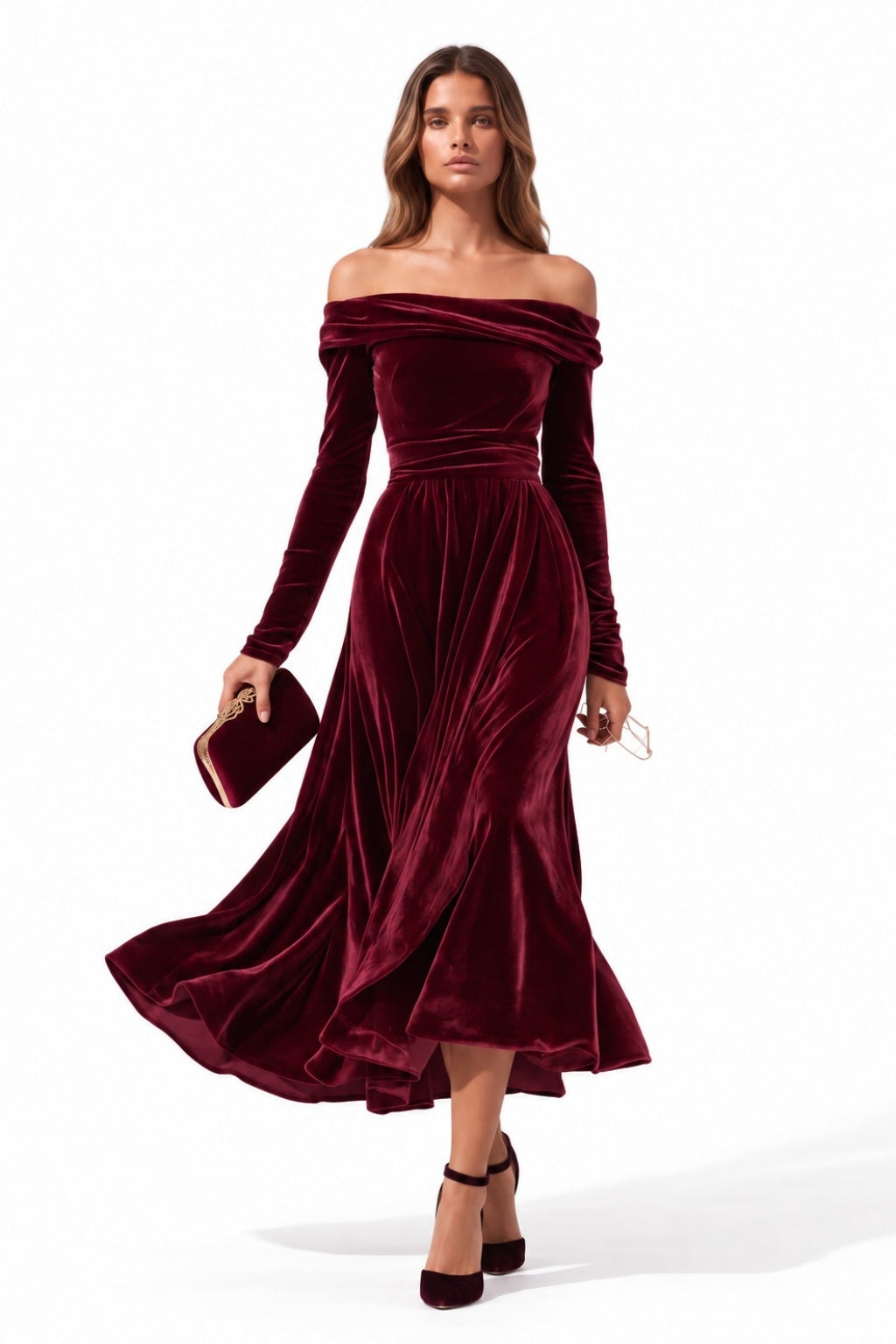 A-Line Tea Length Velvet Wedding Guest Dress CG0371