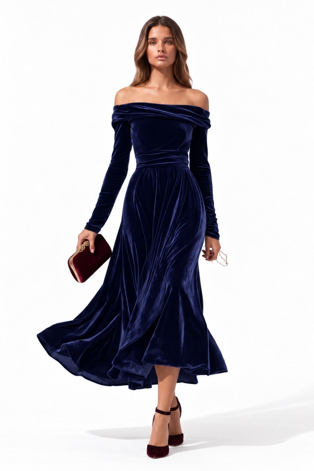 A-Line Tea Length Velvet Wedding Guest Dress CG0371