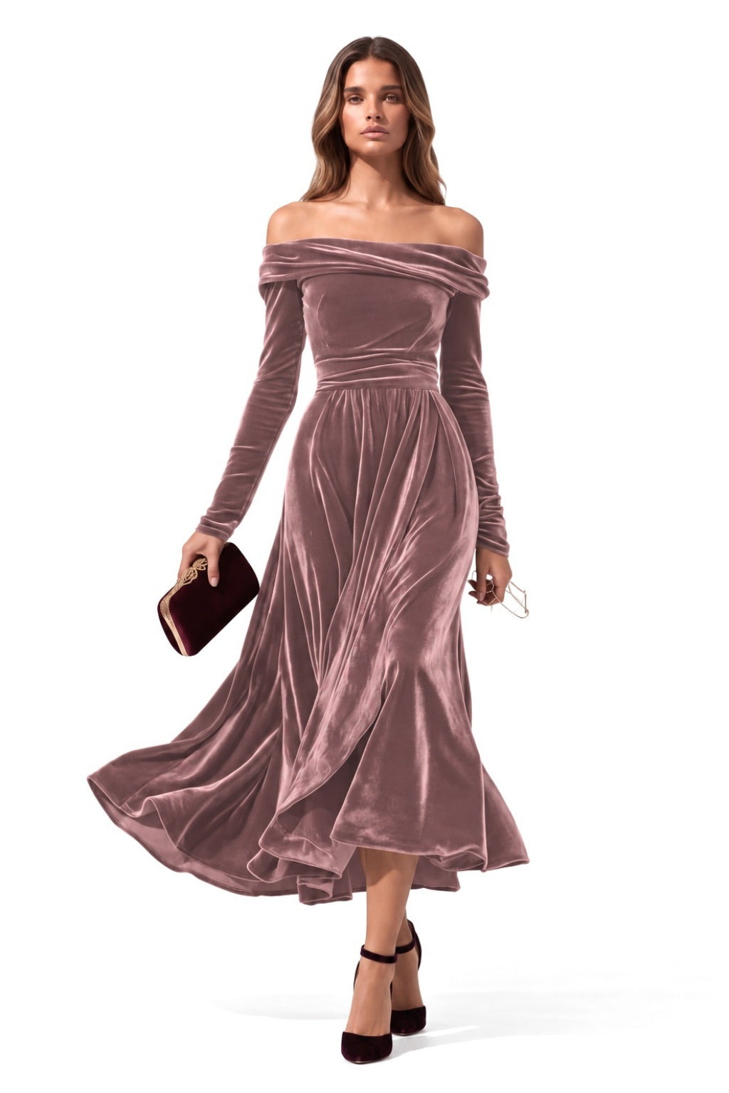 A-Line Tea Length Velvet Wedding Guest Dress CG0371