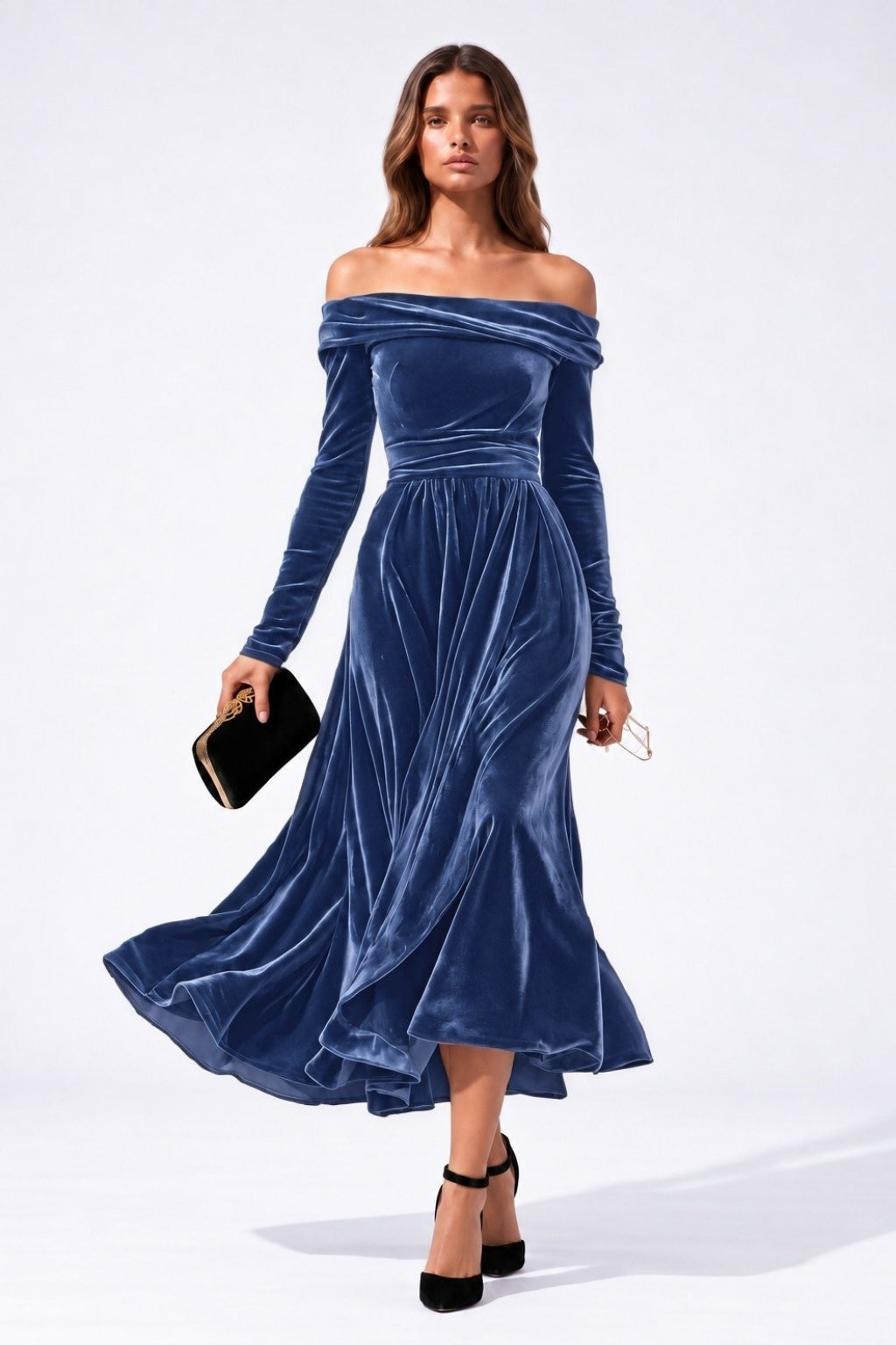 A-Line Tea Length Velvet Wedding Guest Dress CG0371
