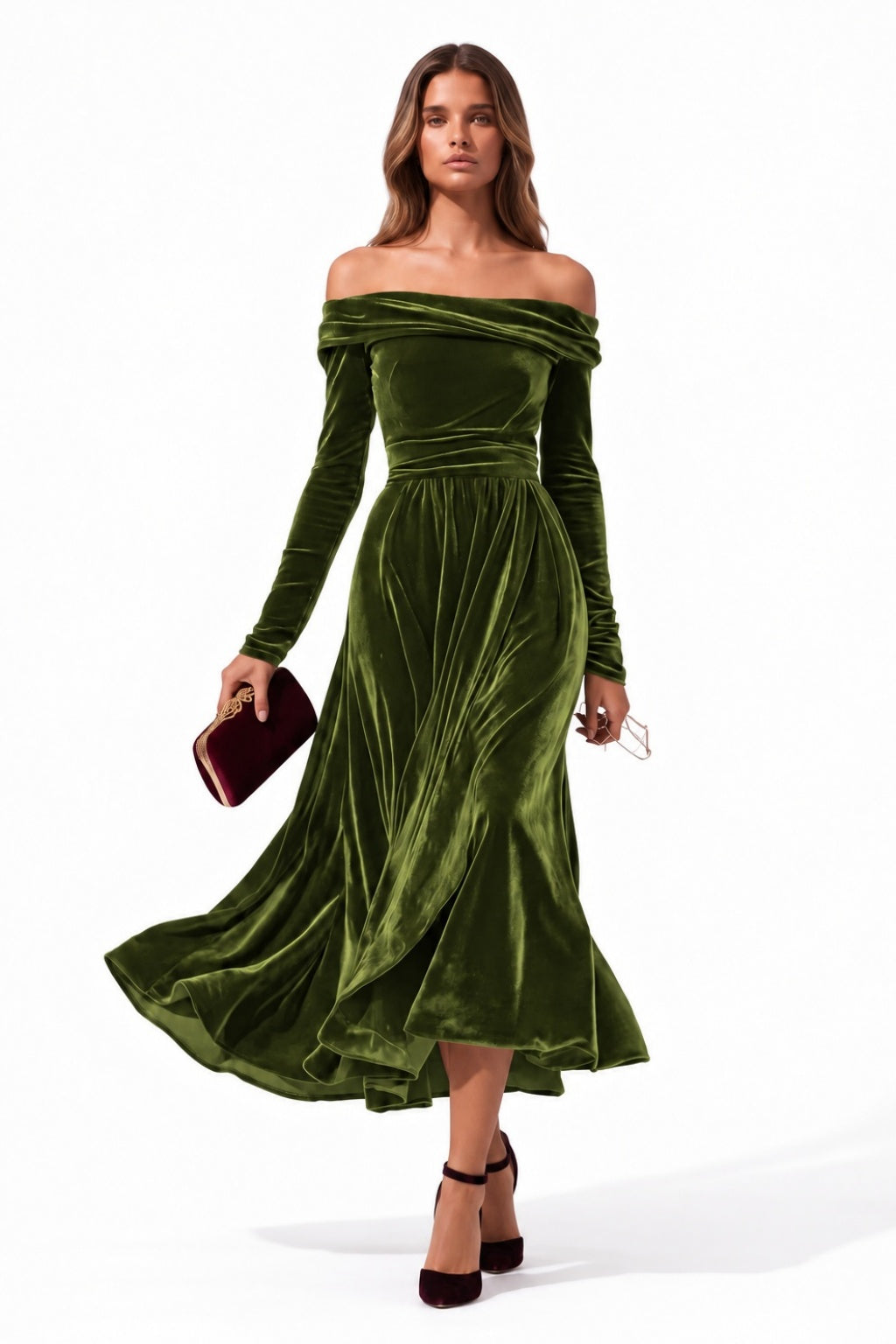 A-Line Tea Length Velvet Wedding Guest Dress CG0371