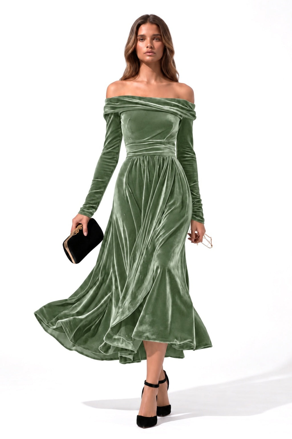 A-Line Tea Length Velvet Wedding Guest Dress CG0371