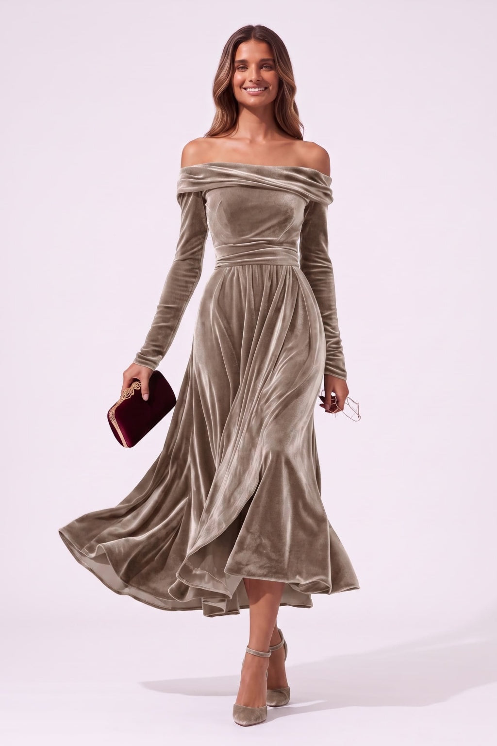 A-Line Tea Length Velvet Wedding Guest Dress CG0371