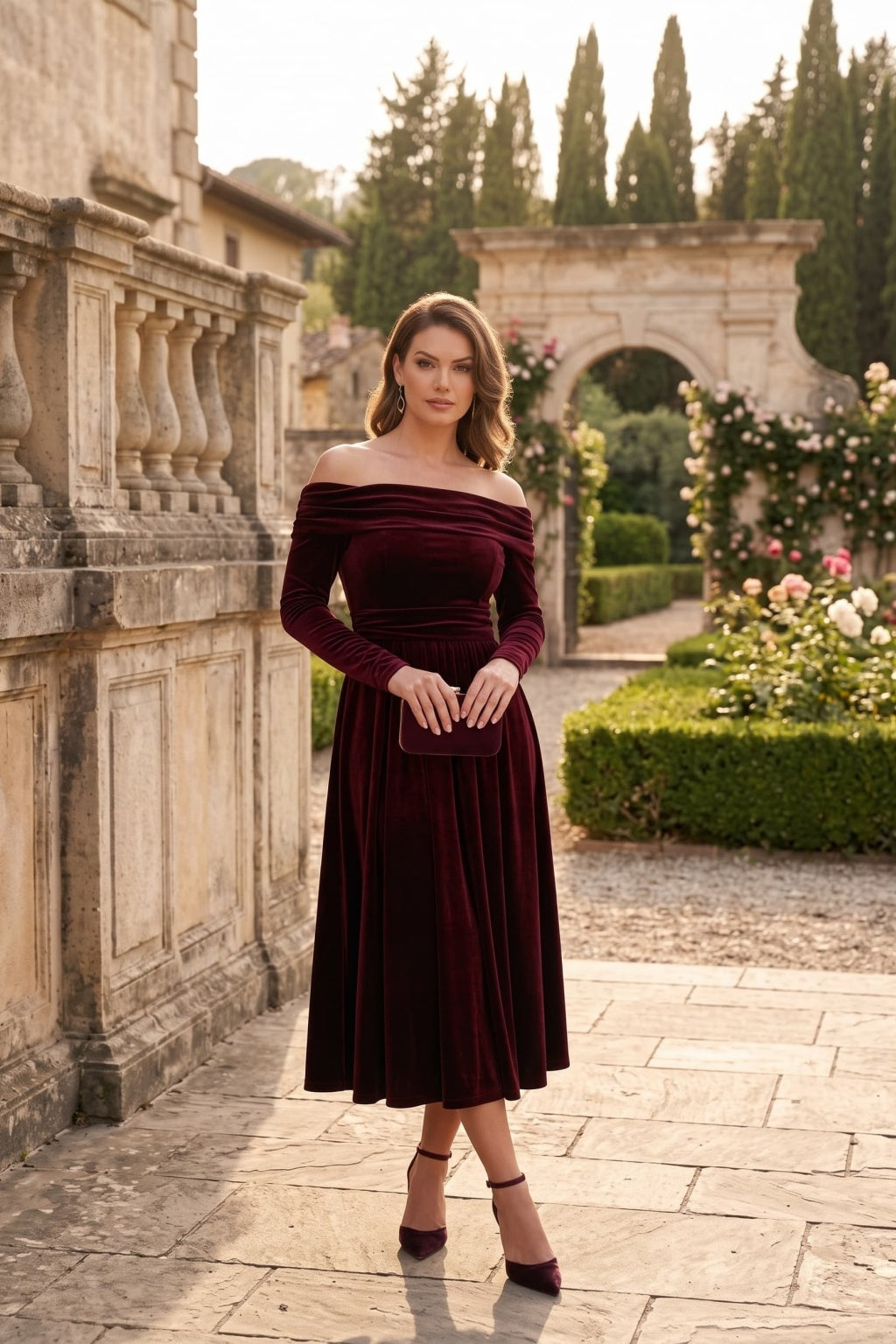 A-Line Tea Length Velvet Wedding Guest Dress CG0371