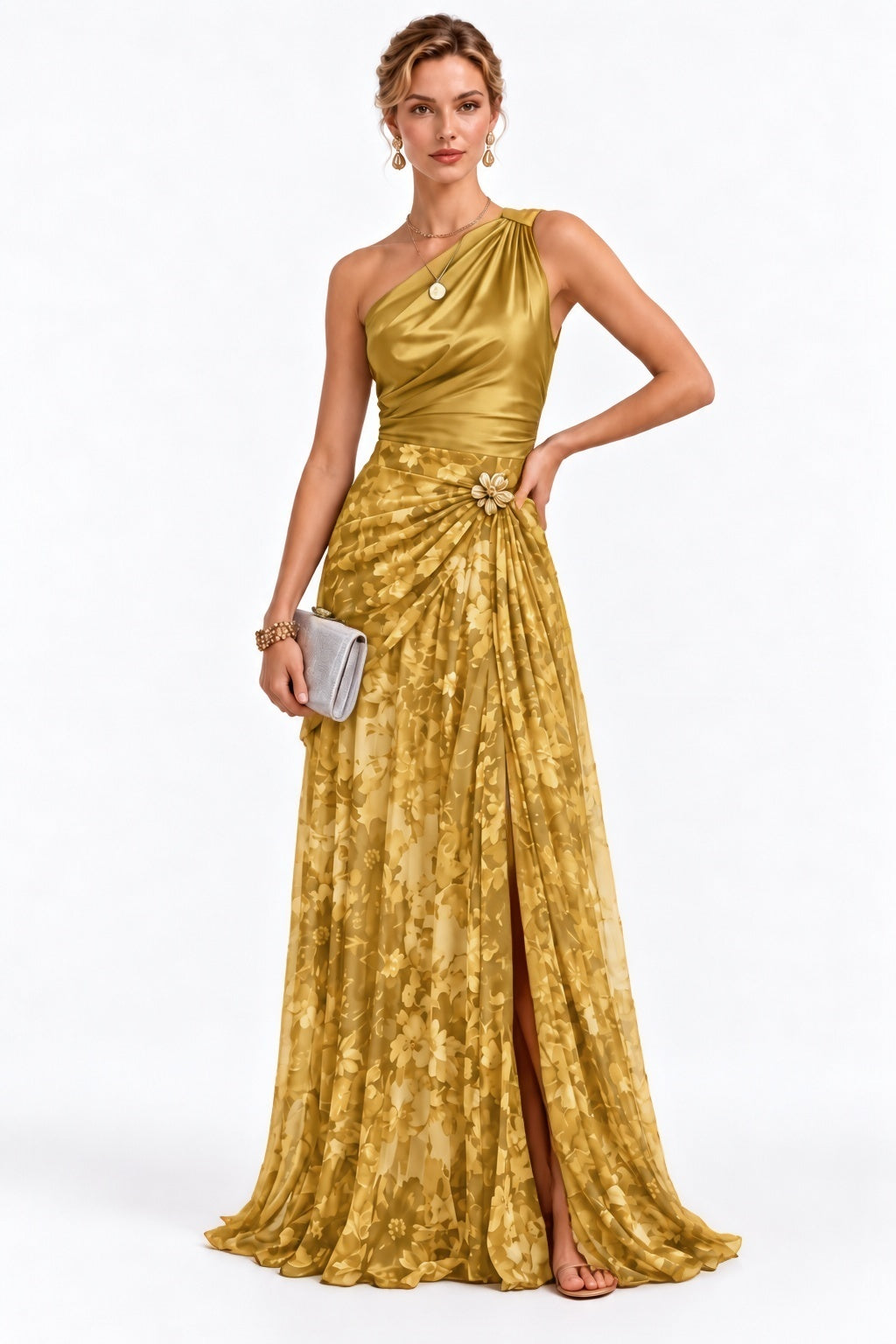 Sheath-Column Floor Length Stretch Satin Print Wedding Guest Dress CG0375