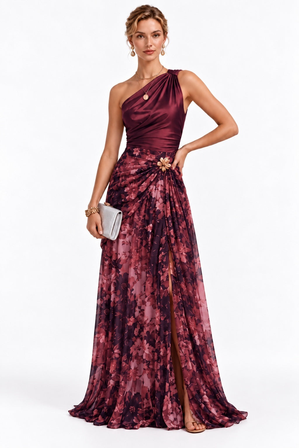 Sheath-Column Floor Length Stretch Satin Print Wedding Guest Dress CG0375
