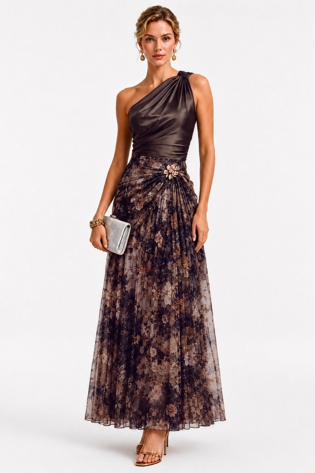 Sheath-Column Ankle Length Stretch Satin Printed Wedding Guest Dress CG0376