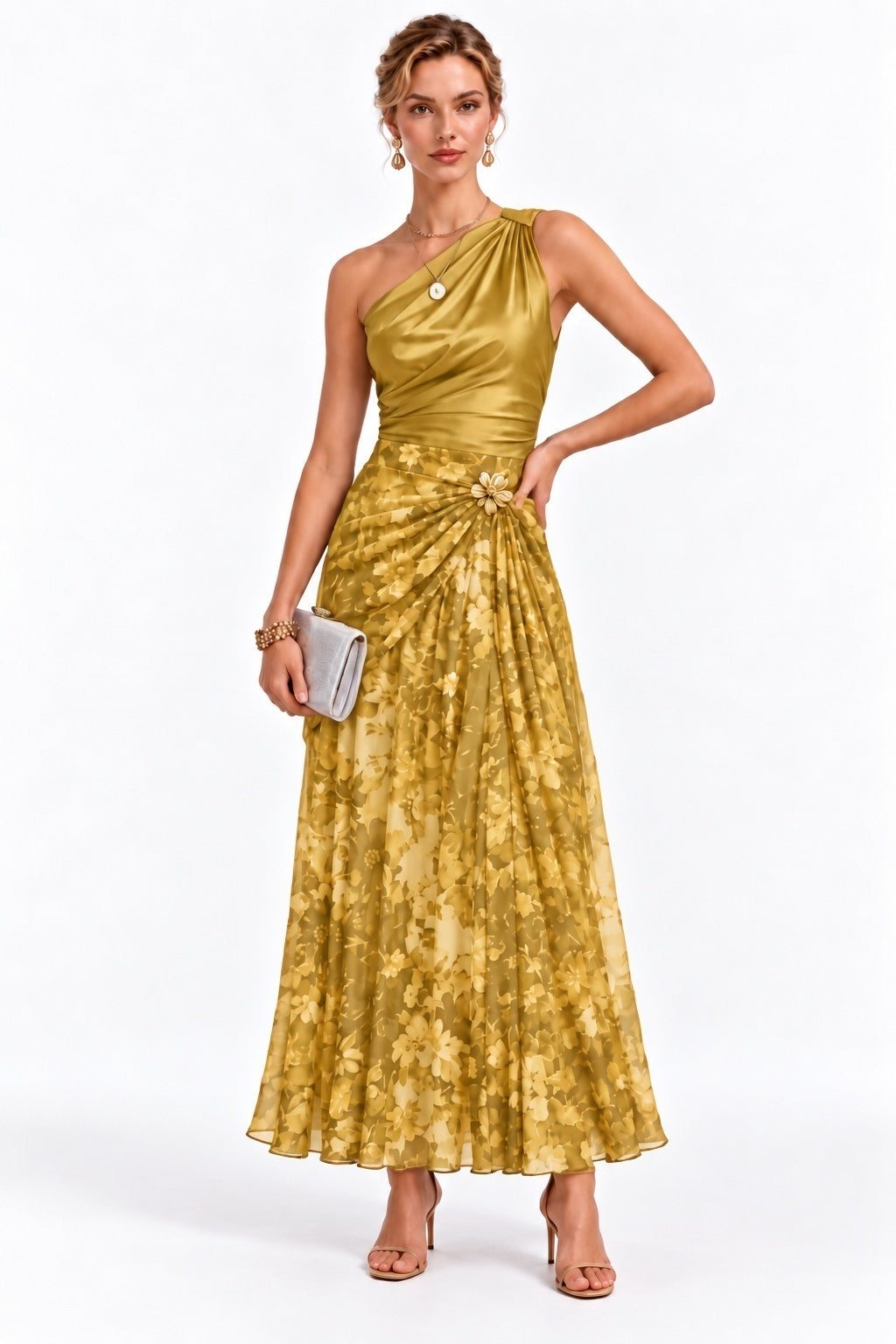 Sheath-Column Ankle Length Stretch Satin Printed Wedding Guest Dress CG0376