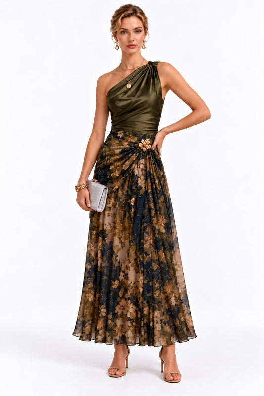 Sheath-Column Ankle Length Stretch Satin Printed Wedding Guest Dress CG0376 - Olive Green - COCOMELODY