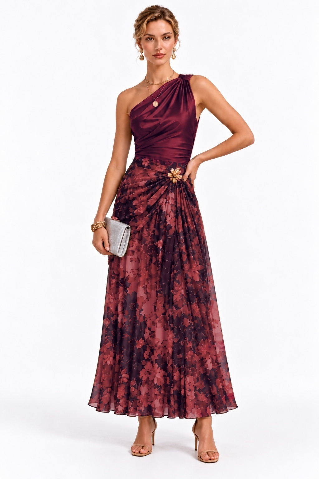 Sheath-Column Ankle Length Stretch Satin Printed Wedding Guest Dress CG0376