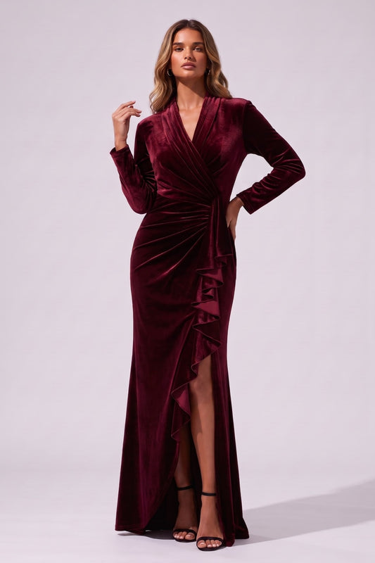 Sheath-Column Floor Length Velvet Wedding Guest Dress CG0384 - Wine - COCOMELODY