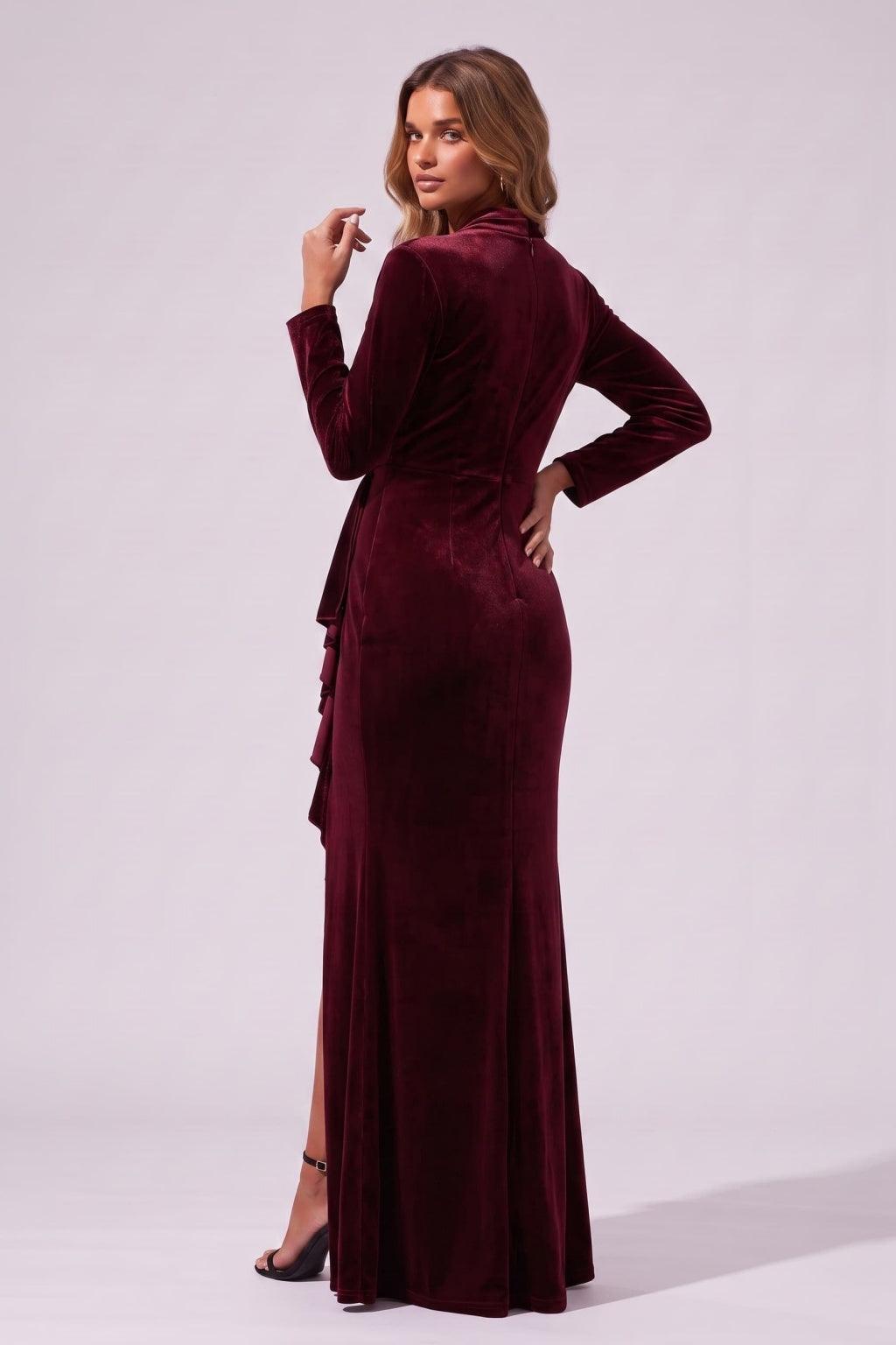 V-Neck Velvet Wedding Guest Dress Long Sleeve Ruffle Split Floor