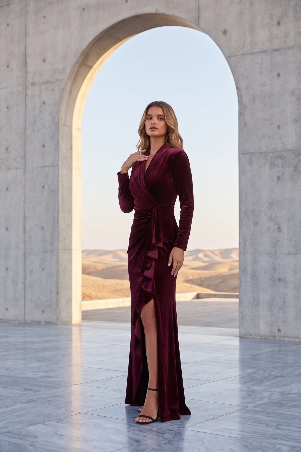 Sheath-Column Floor Length Velvet Wedding Guest Dress CG0384