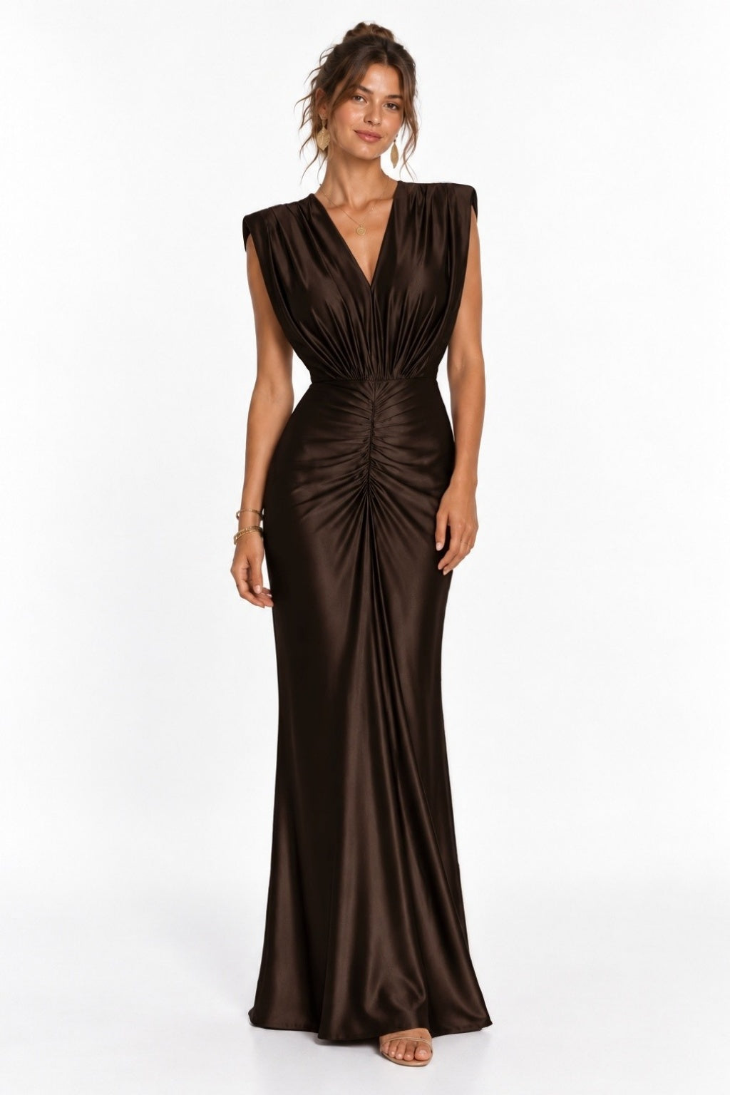 Sheath-Column Floor Length Stretch Satin Wedding Guest Dress CG0385 - Bitter Chocolate - COCOMELODY