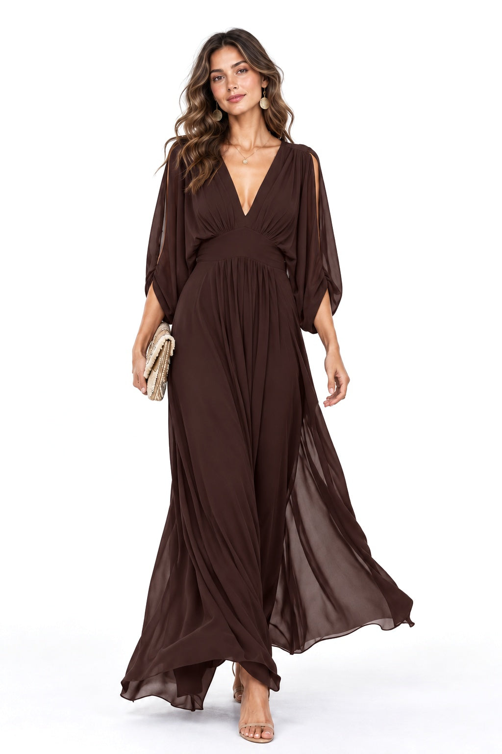 A-Line Ankle Length Chiffon Wedding Guest Dress CG0386 - Bitter Chocolate - COCOMELODY