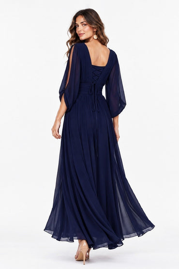 A-Line Ankle Length Chiffon Wedding Guest Dress CG0386 - Dark Navy - COCOMELODY