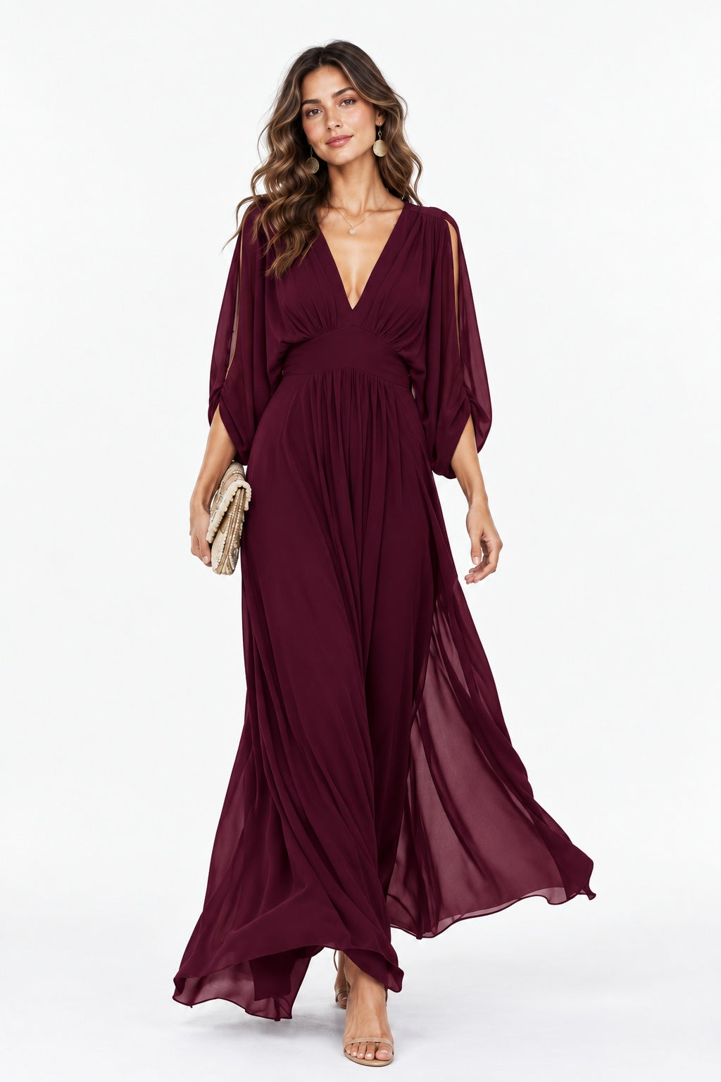 A-Line Ankle Length Chiffon Wedding Guest Dress CG0386 - Wine - COCOMELODY