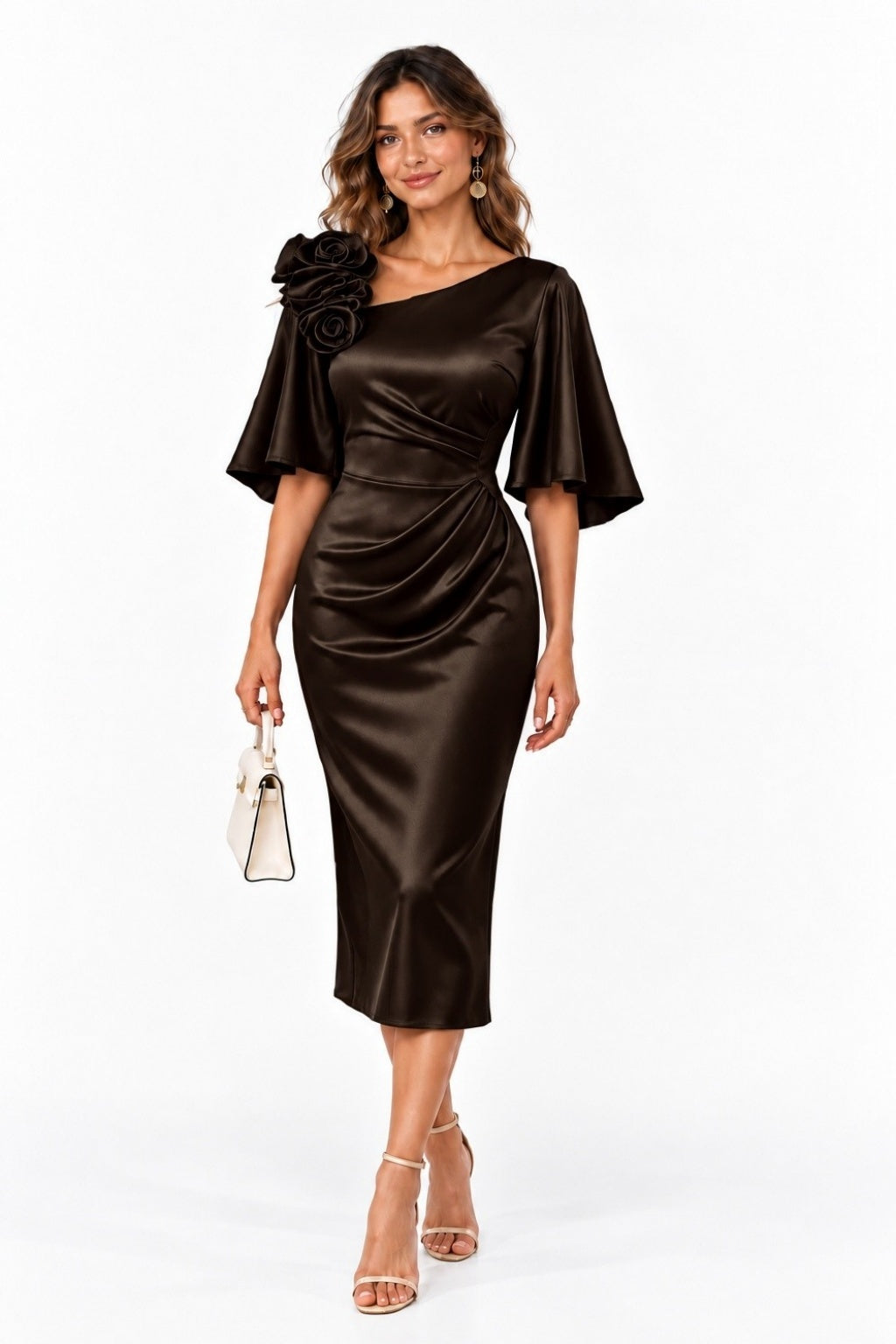 Sheath-Column Tea Length Stretch Satin Wedding Guest Dress CG0388 - Bitter Chocolate - COCOMELODY