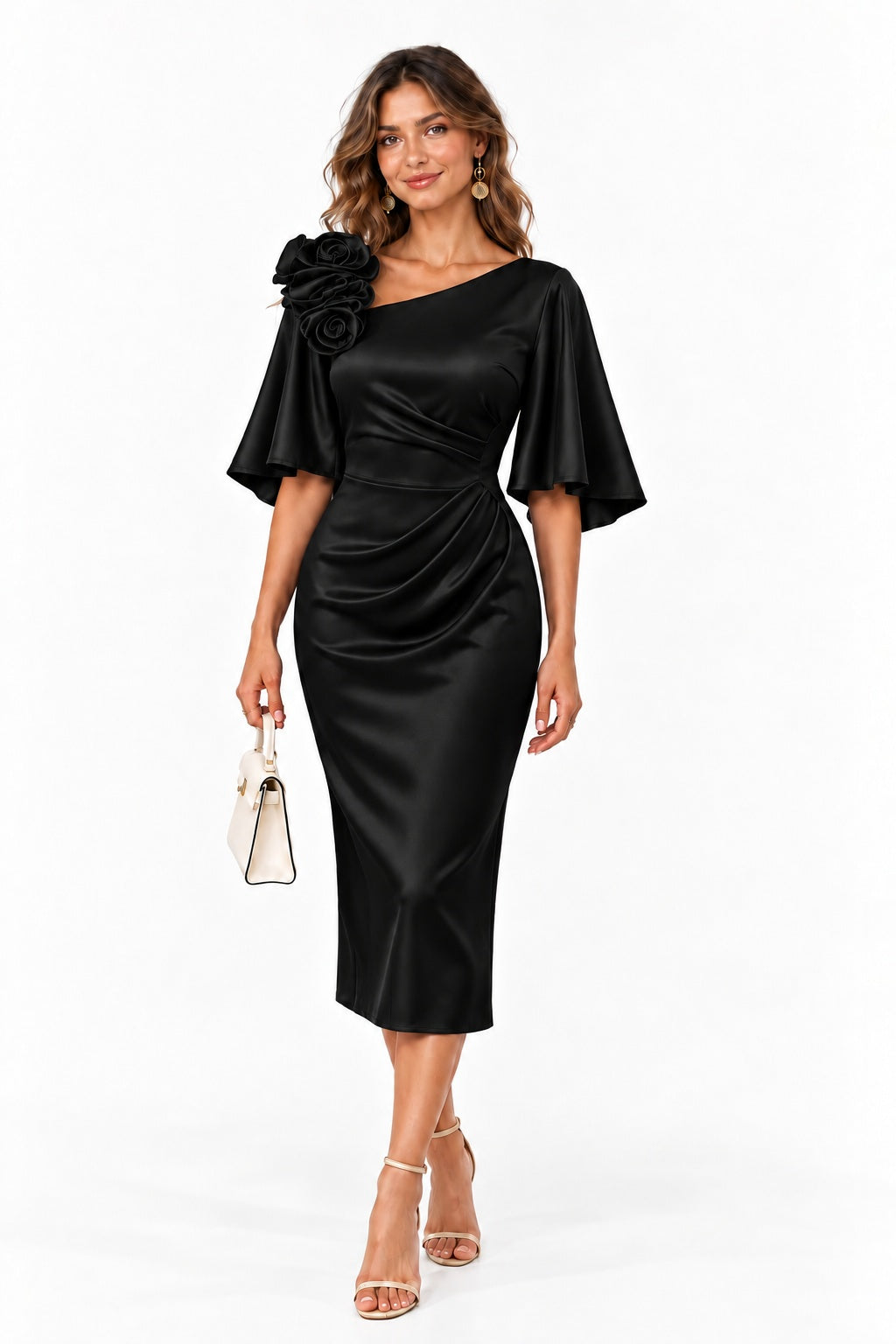 Sheath-Column Tea Length Stretch Satin Wedding Guest Dress CG0388 - Black - COCOMELODY