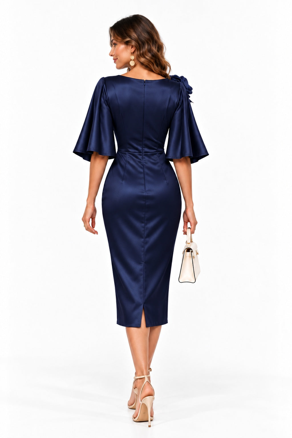 Sheath-Column Tea Length Stretch Satin Wedding Guest Dress CG0388 - Dark Navy - COCOMELODY
