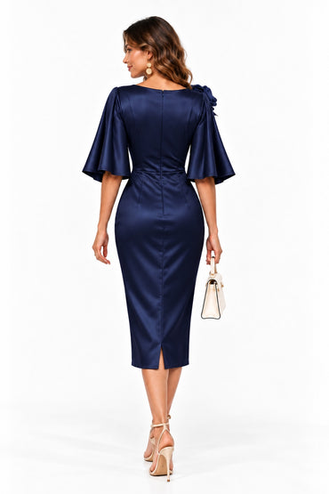 Sheath-Column Tea Length Stretch Satin Wedding Guest Dress CG0388 - Dark Navy - COCOMELODY