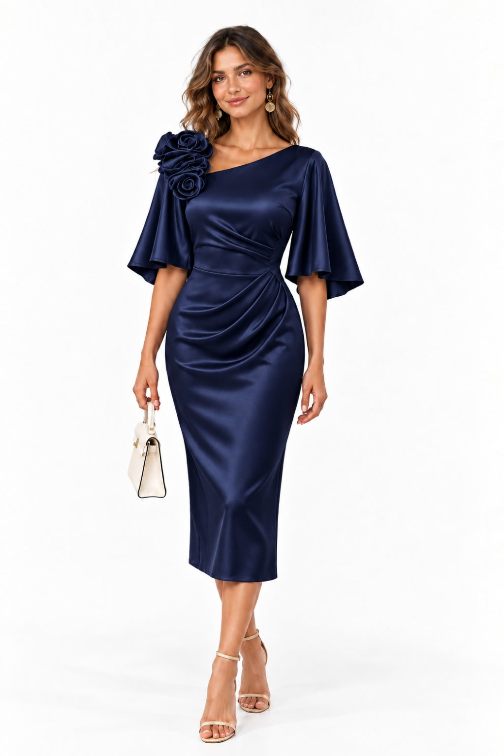 Sheath-Column Tea Length Stretch Satin Wedding Guest Dress CG0388 - Dark Navy - COCOMELODY
