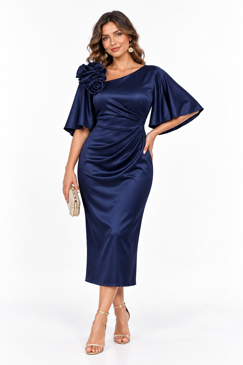 Sheath-Column Tea Length Stretch Satin Wedding Guest Dress CG0388 - Dark Navy - COCOMELODY