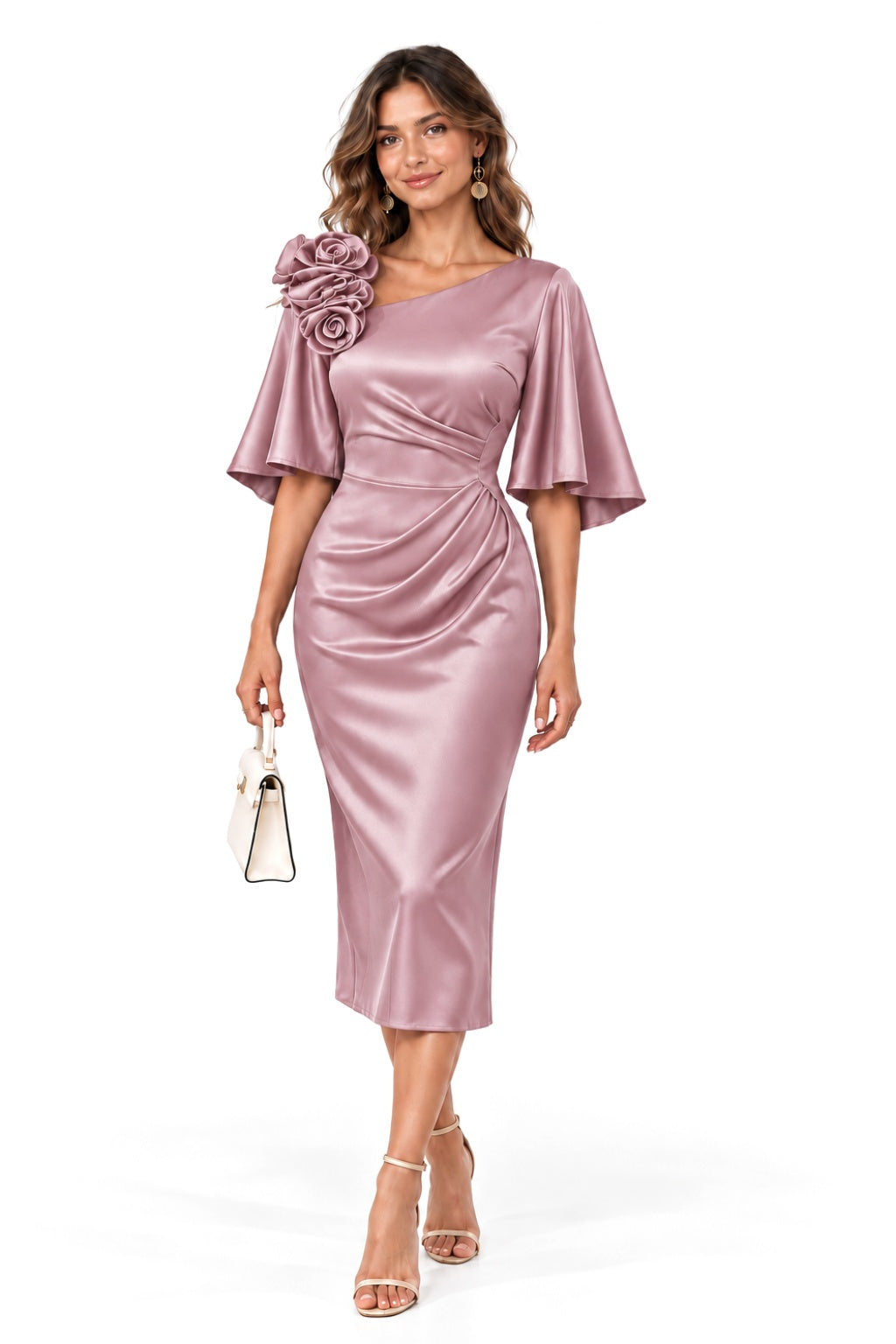 Sheath-Column Tea Length Stretch Satin Wedding Guest Dress CG0388 - Dusty Rose - COCOMELODY