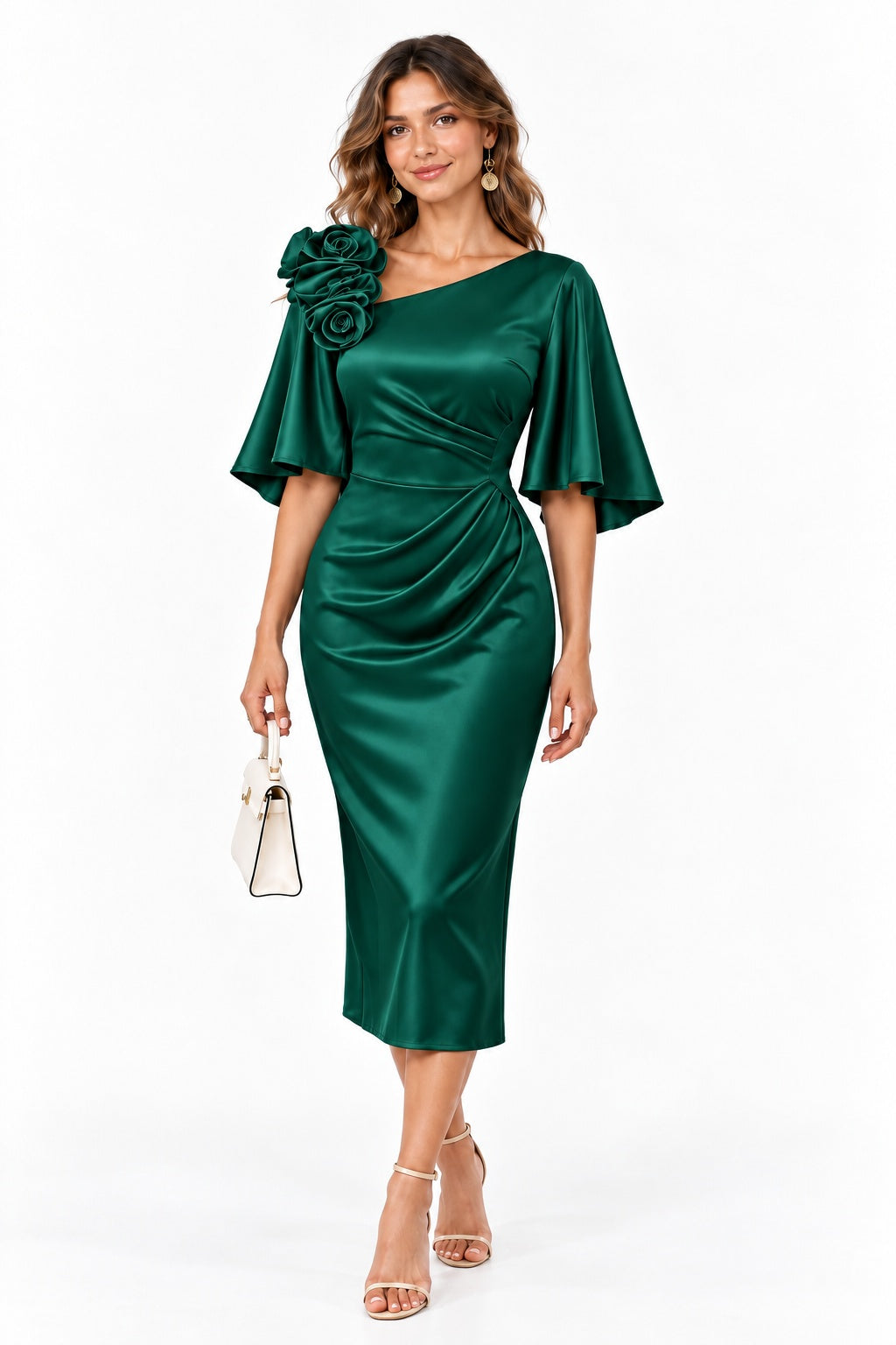 Sheath-Column Tea Length Stretch Satin Wedding Guest Dress CG0388 - Hunter Green - COCOMELODY