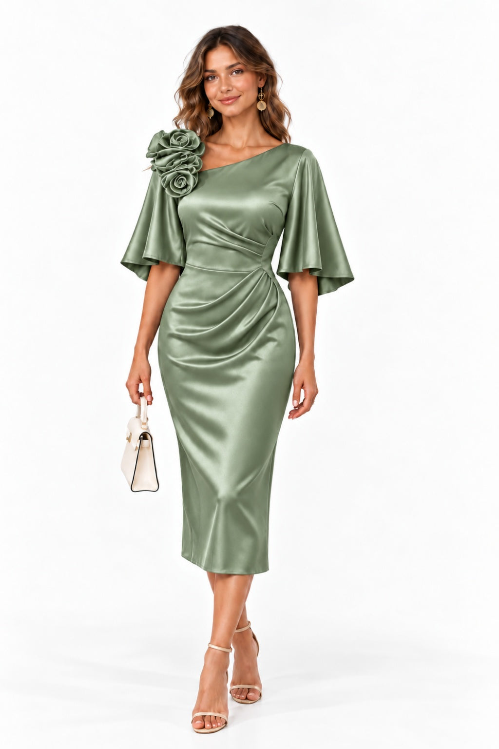 Sheath-Column Tea Length Stretch Satin Wedding Guest Dress CG0388 - Olive Green - COCOMELODY