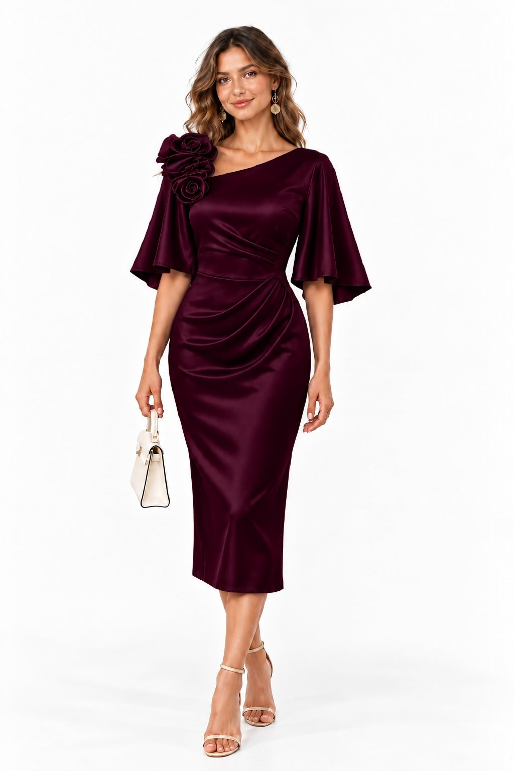 Sheath-Column Tea Length Stretch Satin Wedding Guest Dress CG0388 - Wine - COCOMELODY
