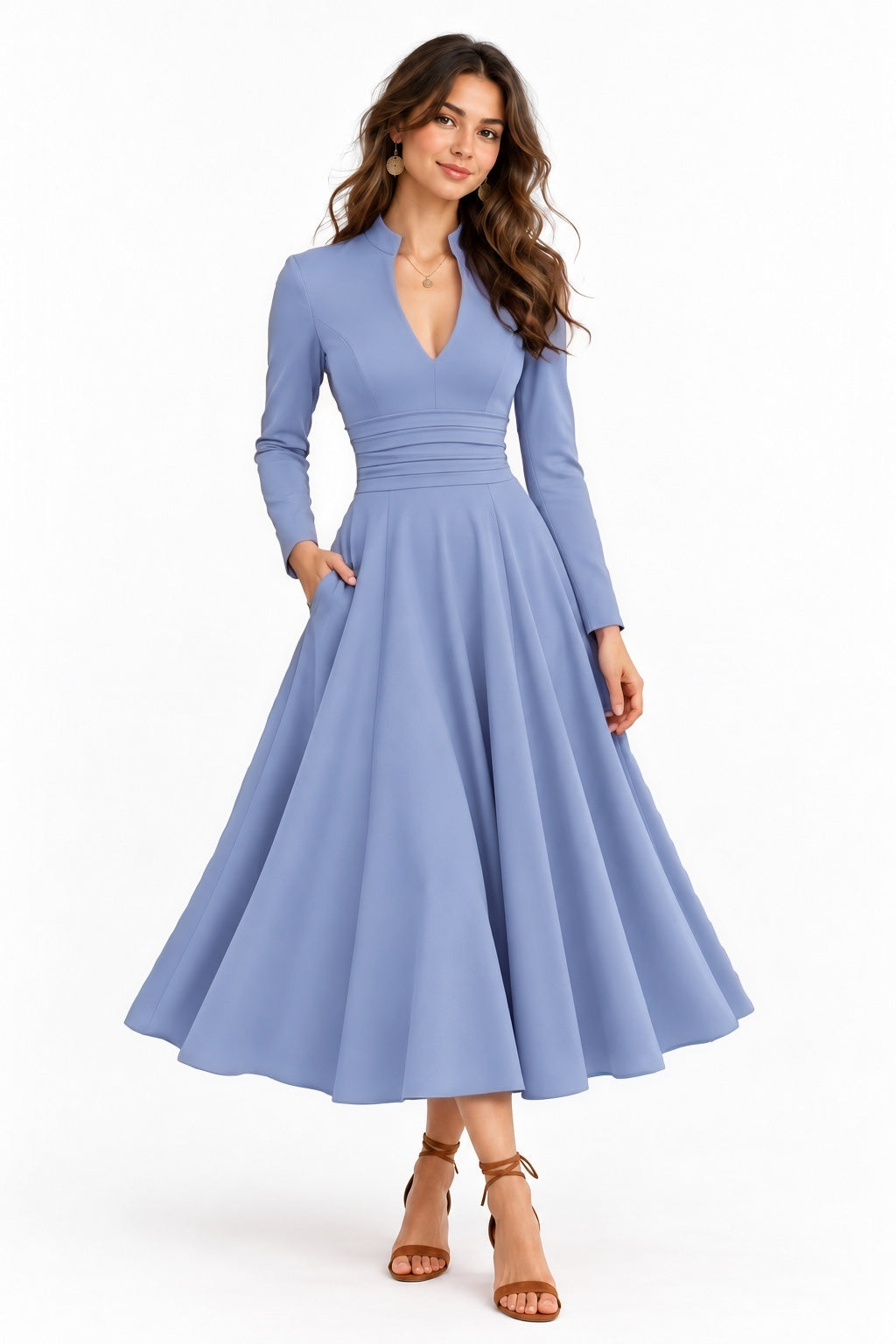 A-Line Tea Length Elastic Cloth Wedding Guest Dress CG0389 - Dusty Blue - COCOMELODY