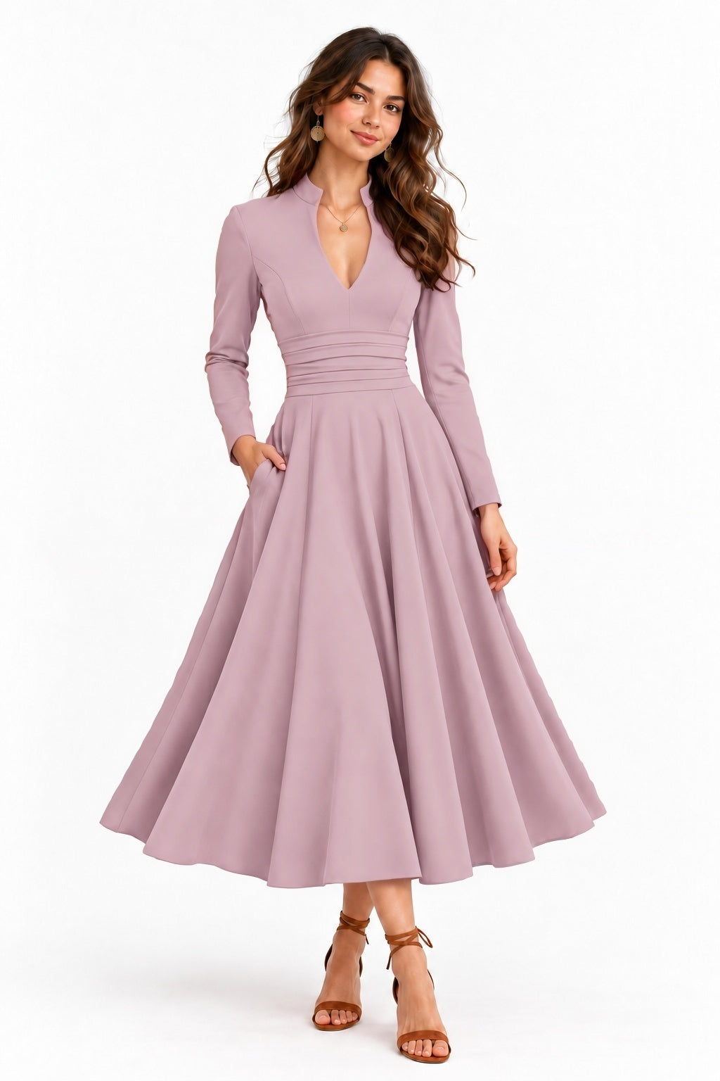 A-Line Tea Length Elastic Cloth Wedding Guest Dress CG0389 - Dusty Rose - COCOMELODY