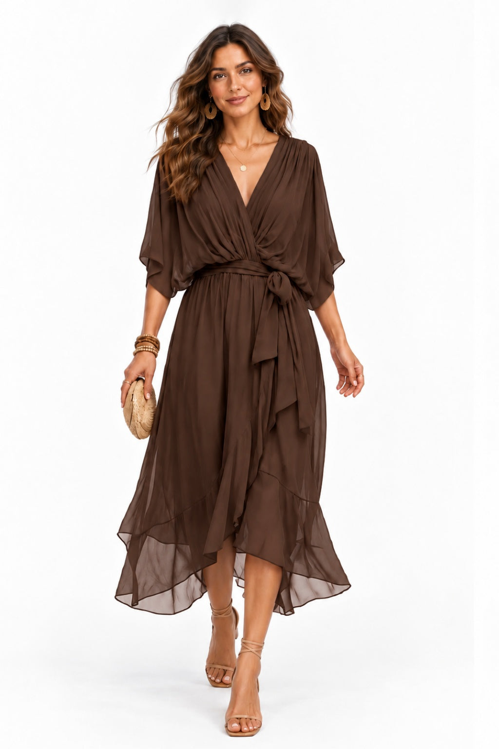 Asymmetrical Tea Length Chiffon Wedding Guest Dress CG0390 - Bitter Chocolate - COCOMELODY