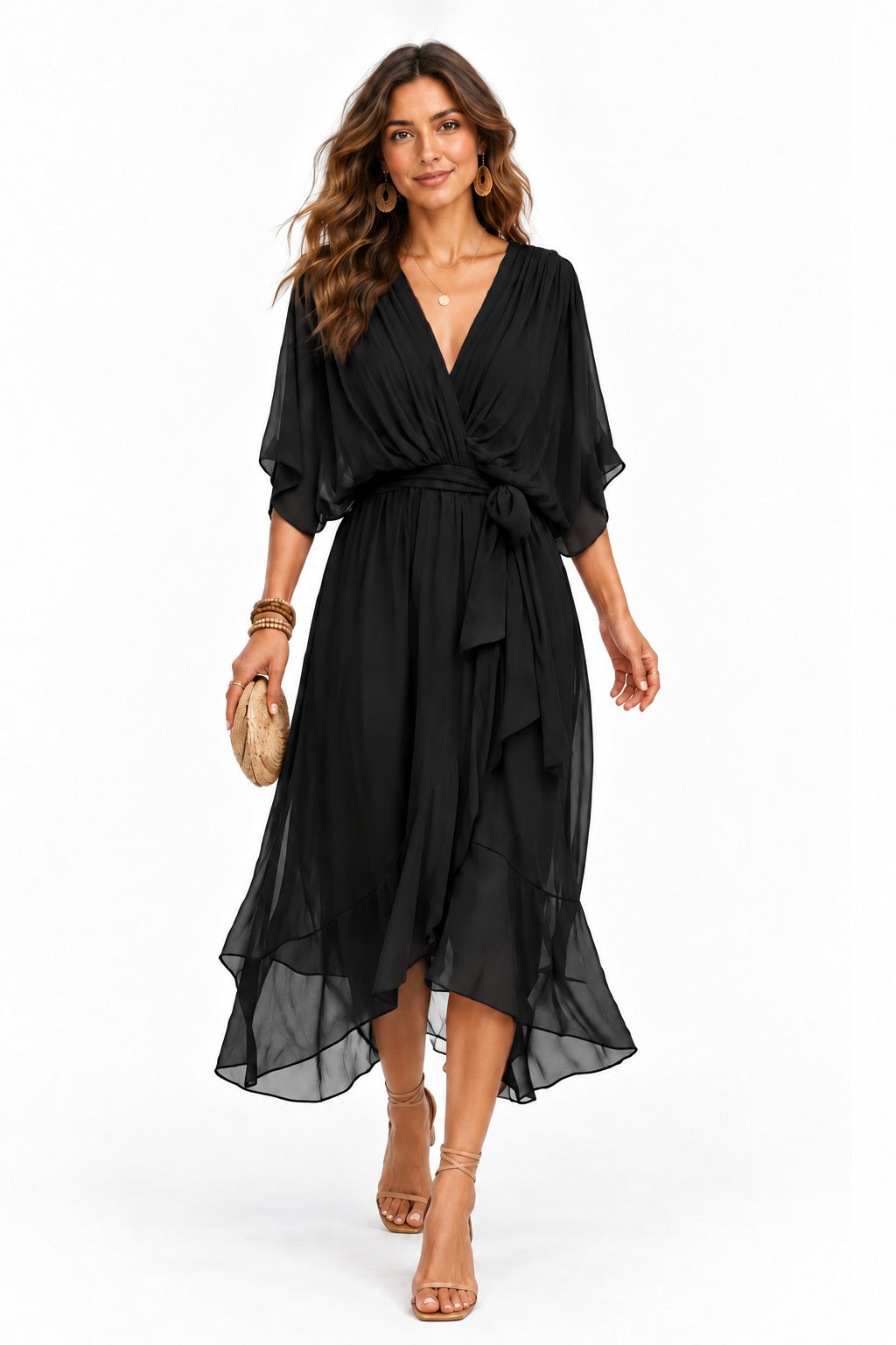 Asymmetrical Tea Length Chiffon Wedding Guest Dress CG0390 - Black - COCOMELODY
