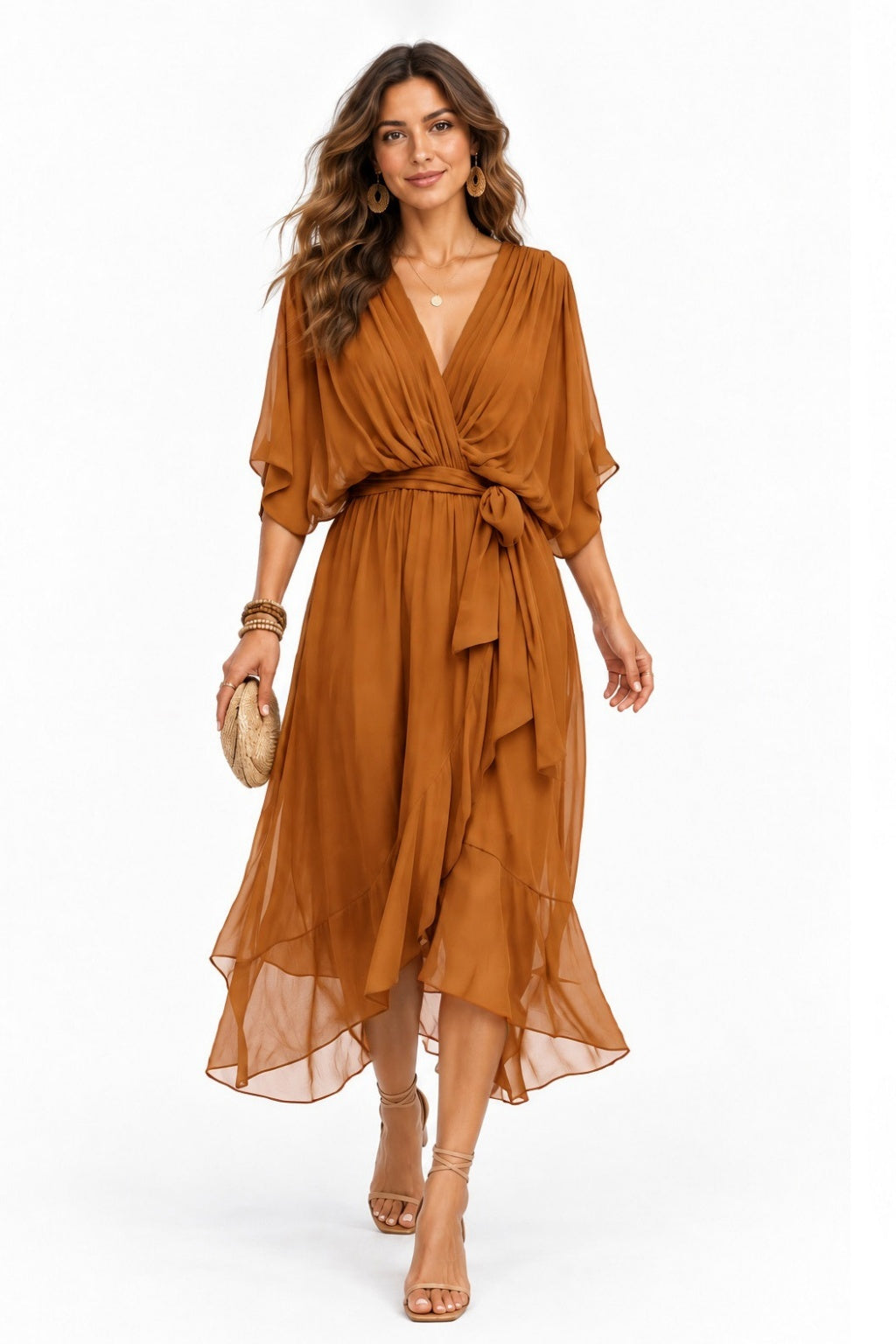 Asymmetrical Tea Length Chiffon Wedding Guest Dress CG0390 - Burnt Orange - COCOMELODY