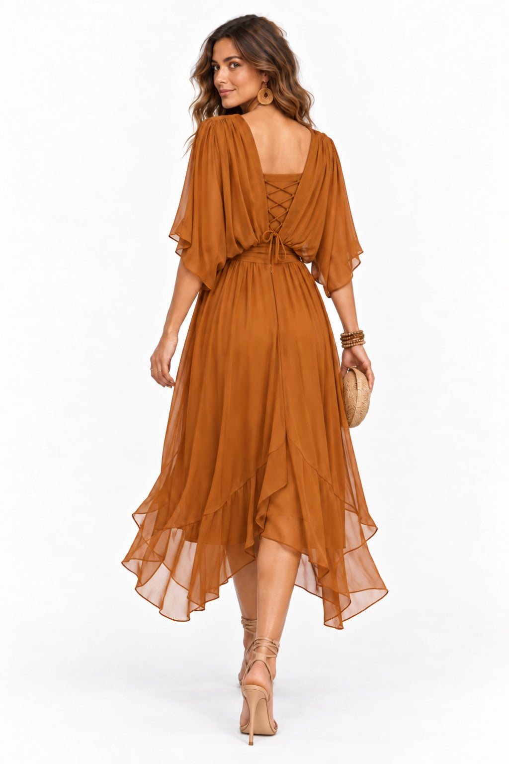 Asymmetrical Tea Length Chiffon Wedding Guest Dress CG0390 - Burnt Orange - COCOMELODY