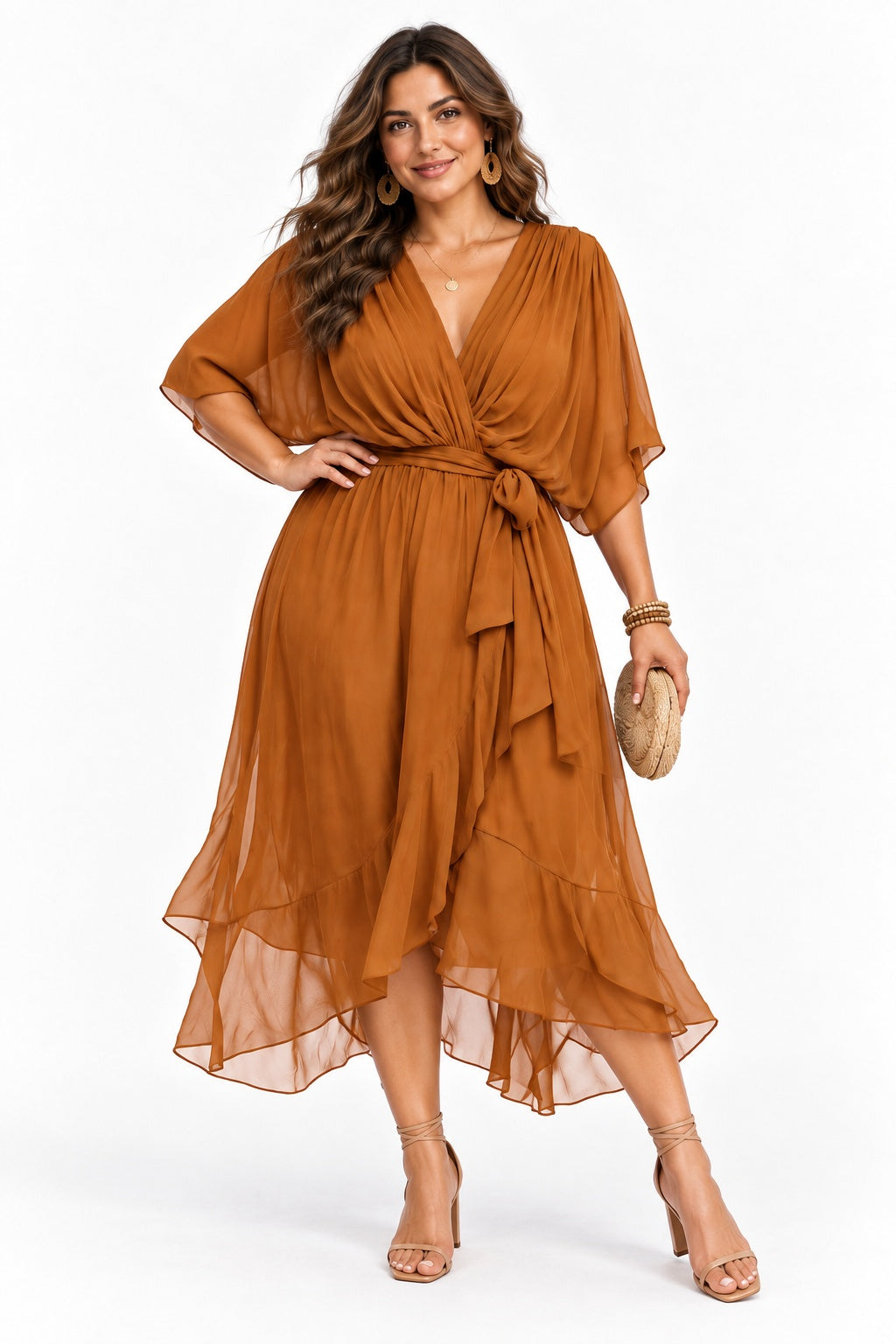 Asymmetrical Tea Length Chiffon Wedding Guest Dress CG0390 - Burnt Orange - COCOMELODY
