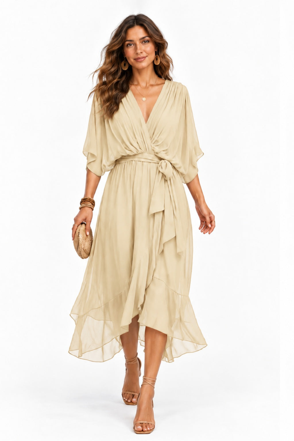 Asymmetrical Tea Length Chiffon Wedding Guest Dress CG0390 - Champagne - COCOMELODY