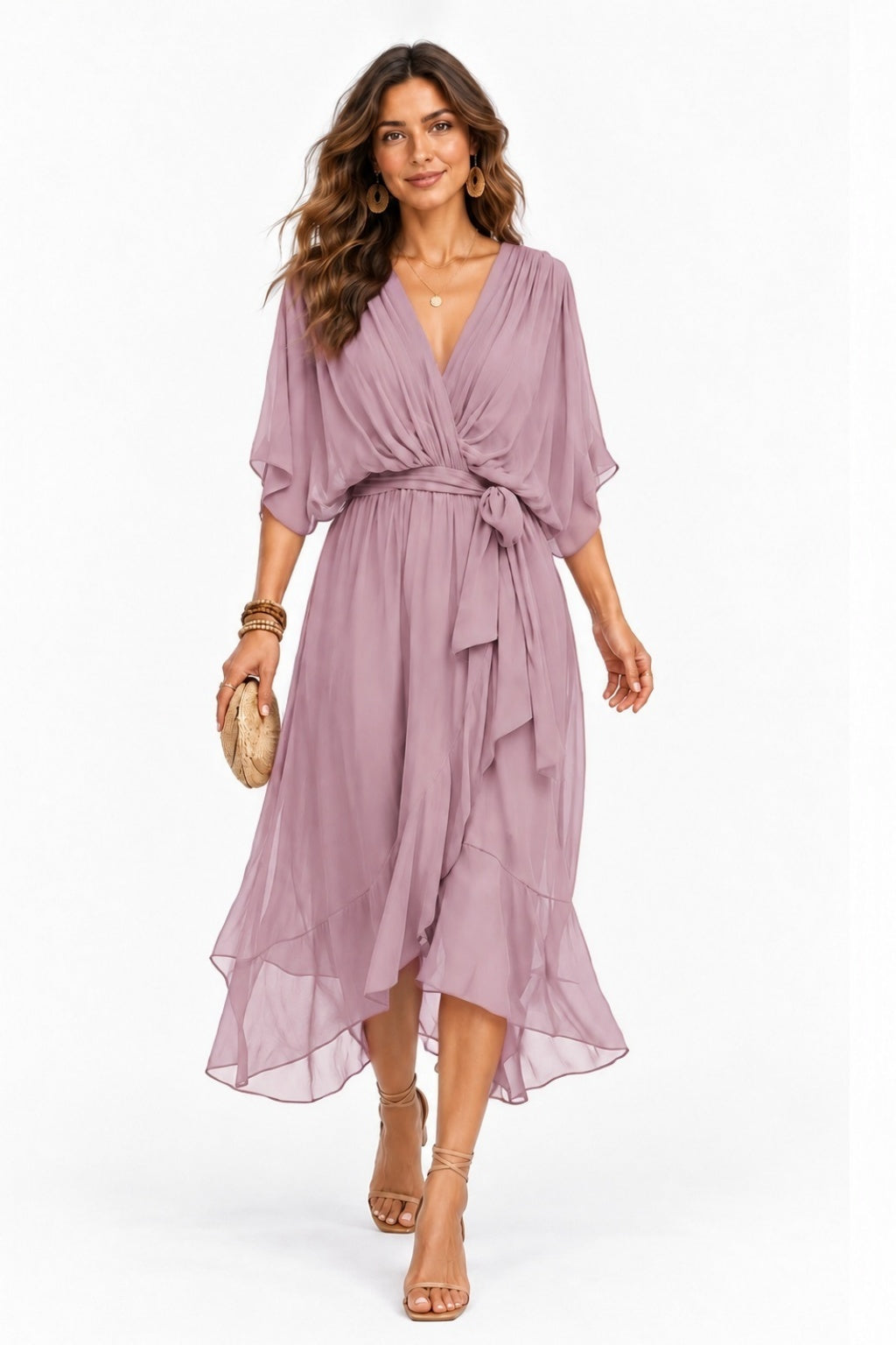 Asymmetrical Tea Length Chiffon Wedding Guest Dress CG0390 - Dusty Mauve - COCOMELODY
