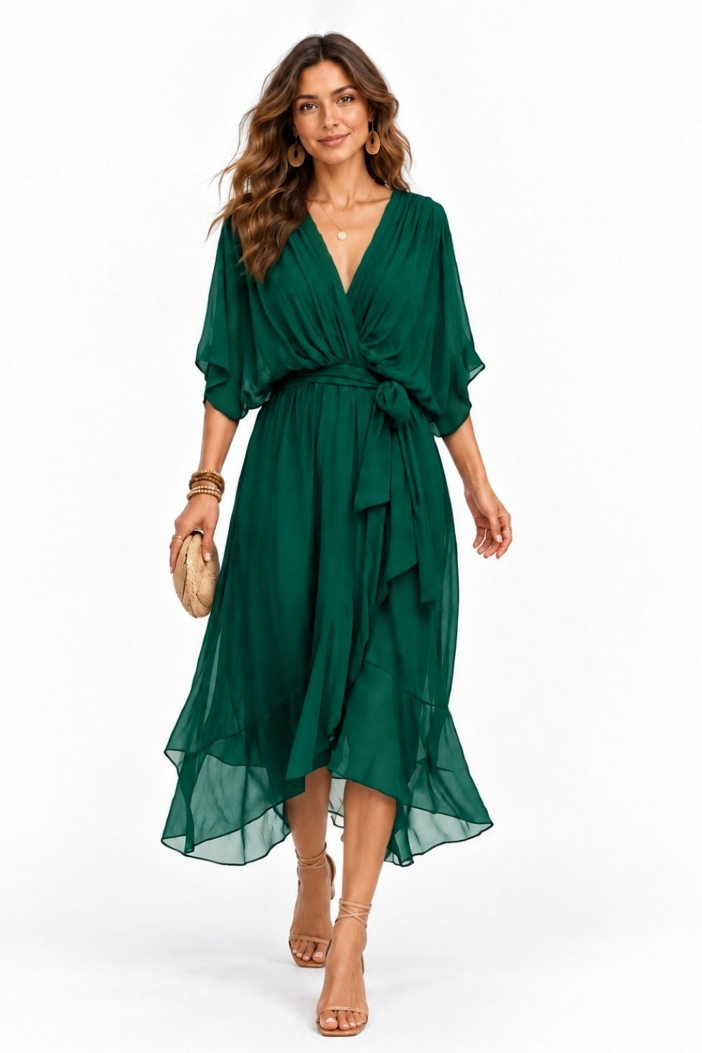 Asymmetrical Tea Length Chiffon Wedding Guest Dress CG0390 - Hunter Green - COCOMELODY