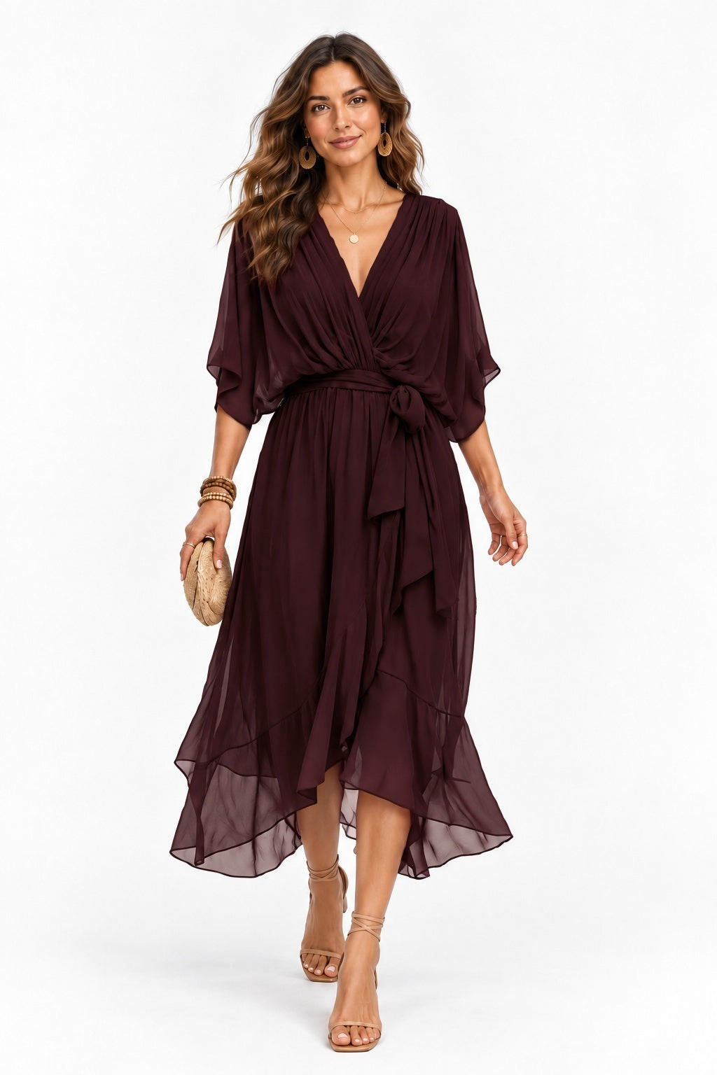 Asymmetrical Tea Length Chiffon Wedding Guest Dress CG0390 - Wine - COCOMELODY