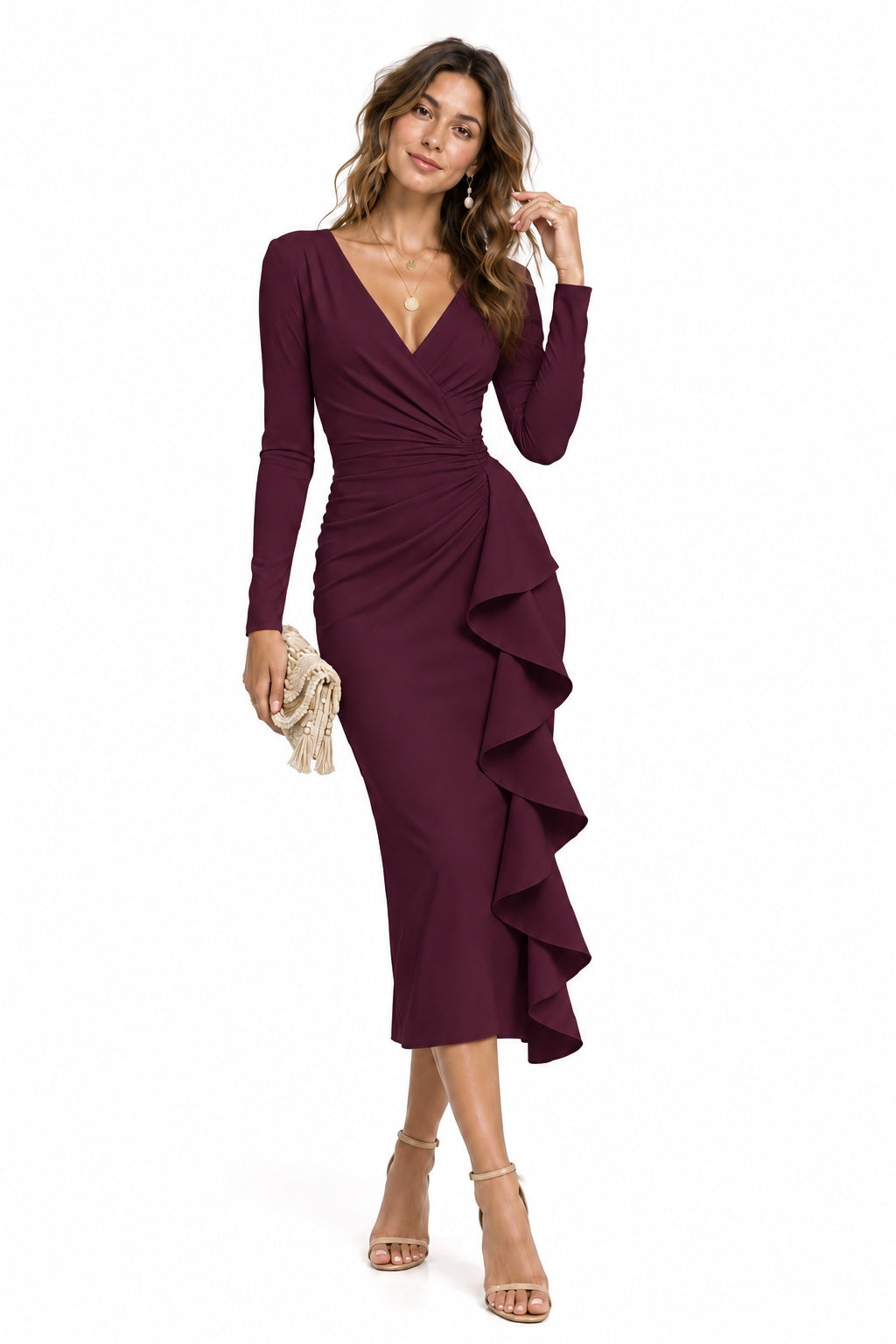 Sheath-Column Tea Length Elastic Cloth Wedding Guest Dress CG0391 - Mulberry - COCOMELODY